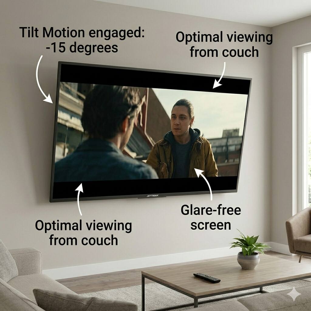 Tilt Motion engaged: -15 degrees  
Optimal viewing from couch  
Glare-free screen  
Optimal viewing from couch