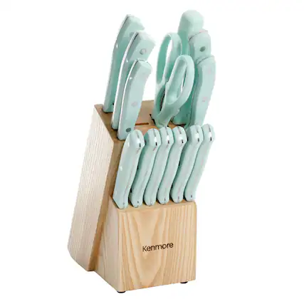 Front. Kenmore - Kenmore Kane 14 Piece Stainless Steel Cutlery Set in Glacier Blue with Rubber Wood Block - Glacier Blue.