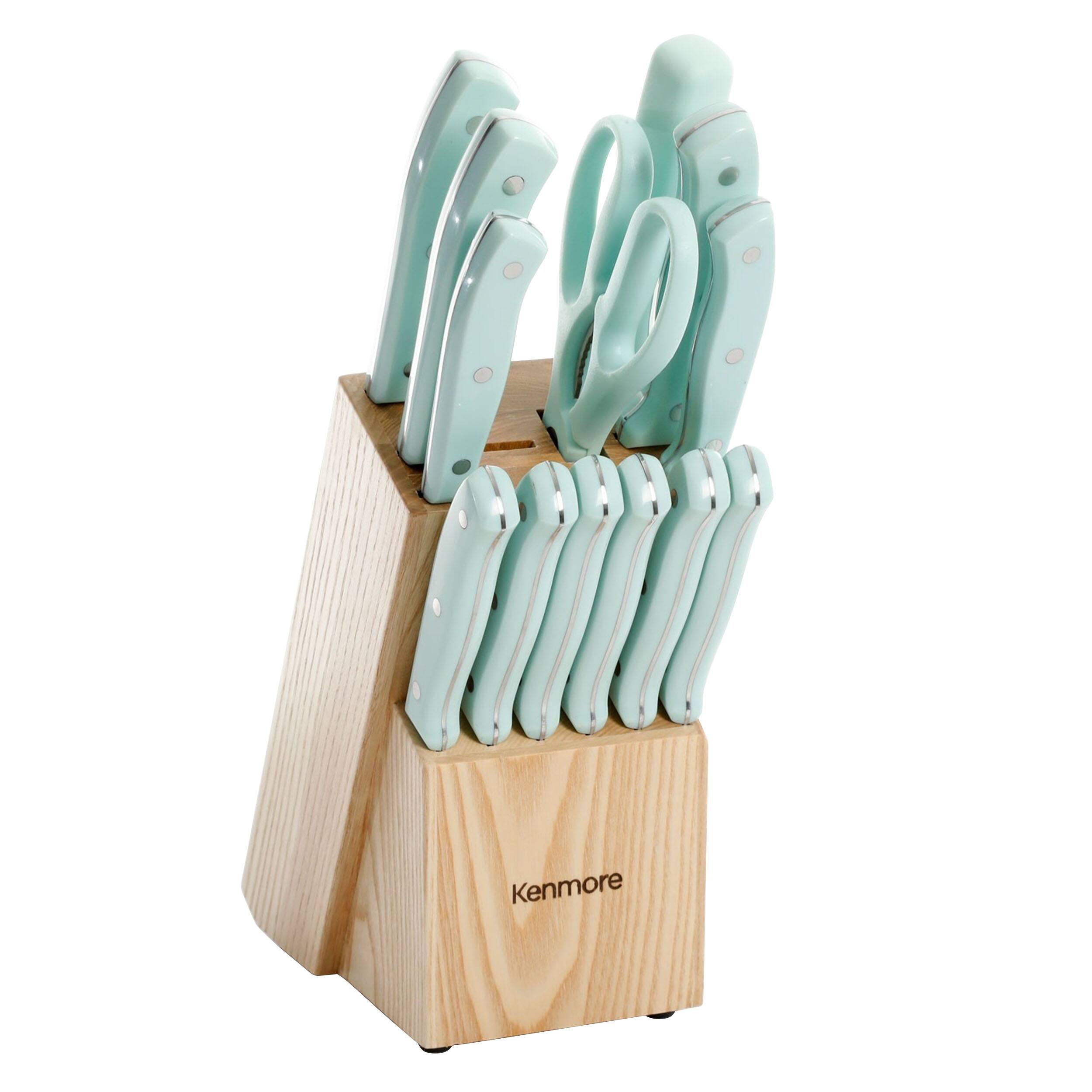 Front. Kenmore - Kenmore Kane 14 Piece Stainless Steel Cutlery Set in Glacier Blue with Rubber Wood Block - Glacier Blue.