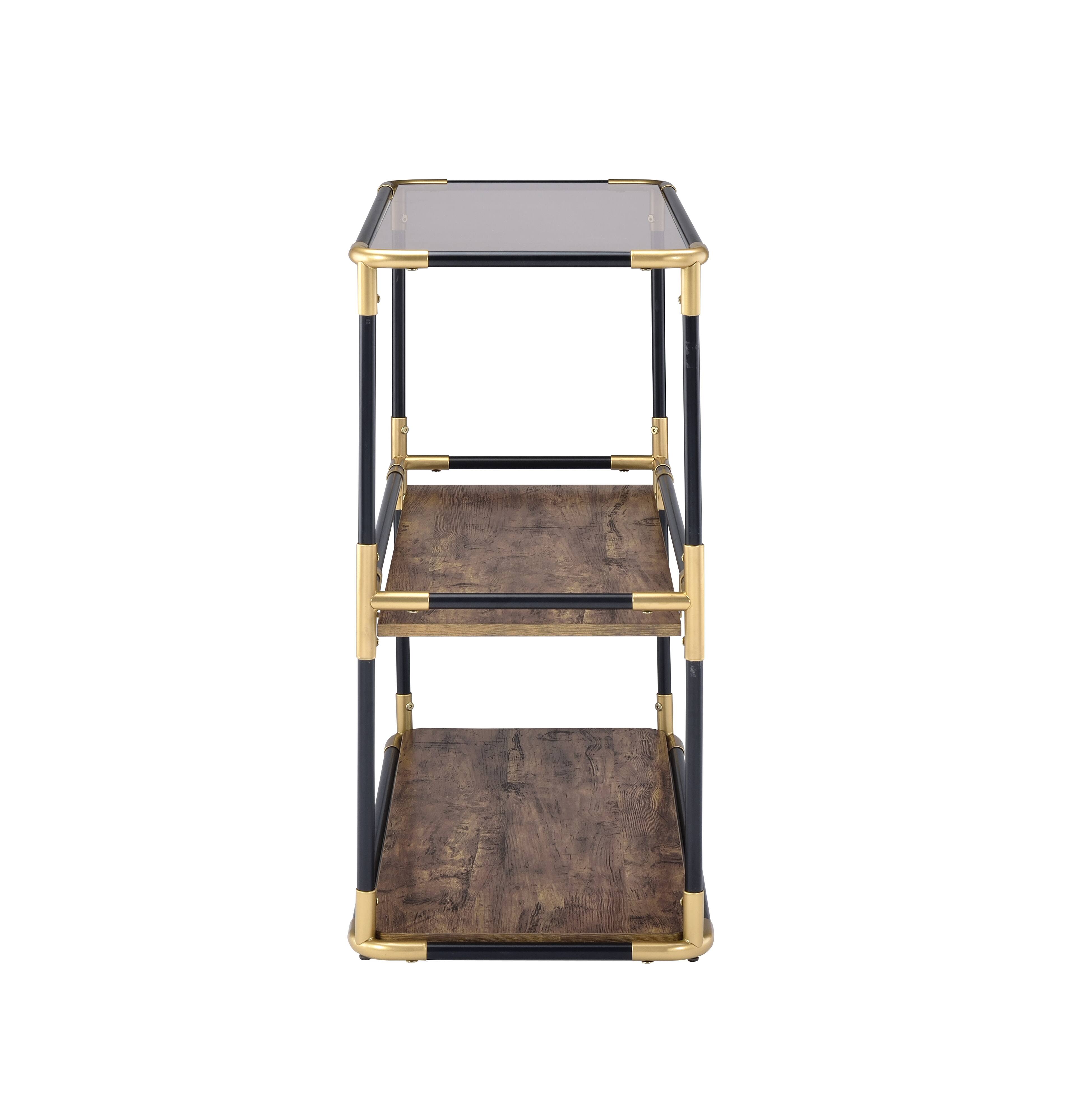Alt View 3. Manhattan Lane - Rechange Glass Top Console Table Metal Tubular Framing and Wooden Shelves - Black and Brown.