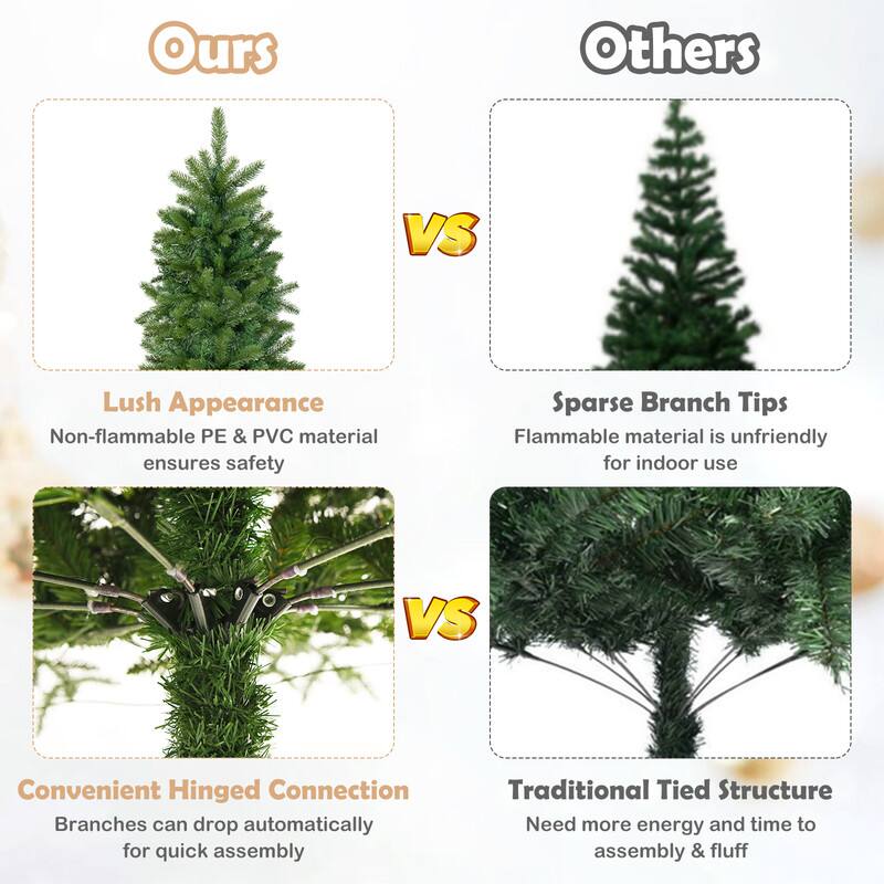 Ours  
Others  
VS  
Lush Appearance  
Non-flammable PE & PVC material ensures safety  
Sparse Branch Tips  
Flammable material is unfriendly for indoor use  
VS  
Convenient Hinged Connection  
Branches can drop automatically for quick assembly  
Traditional Tied Structure  
Need more energy and time to assemble & fluff