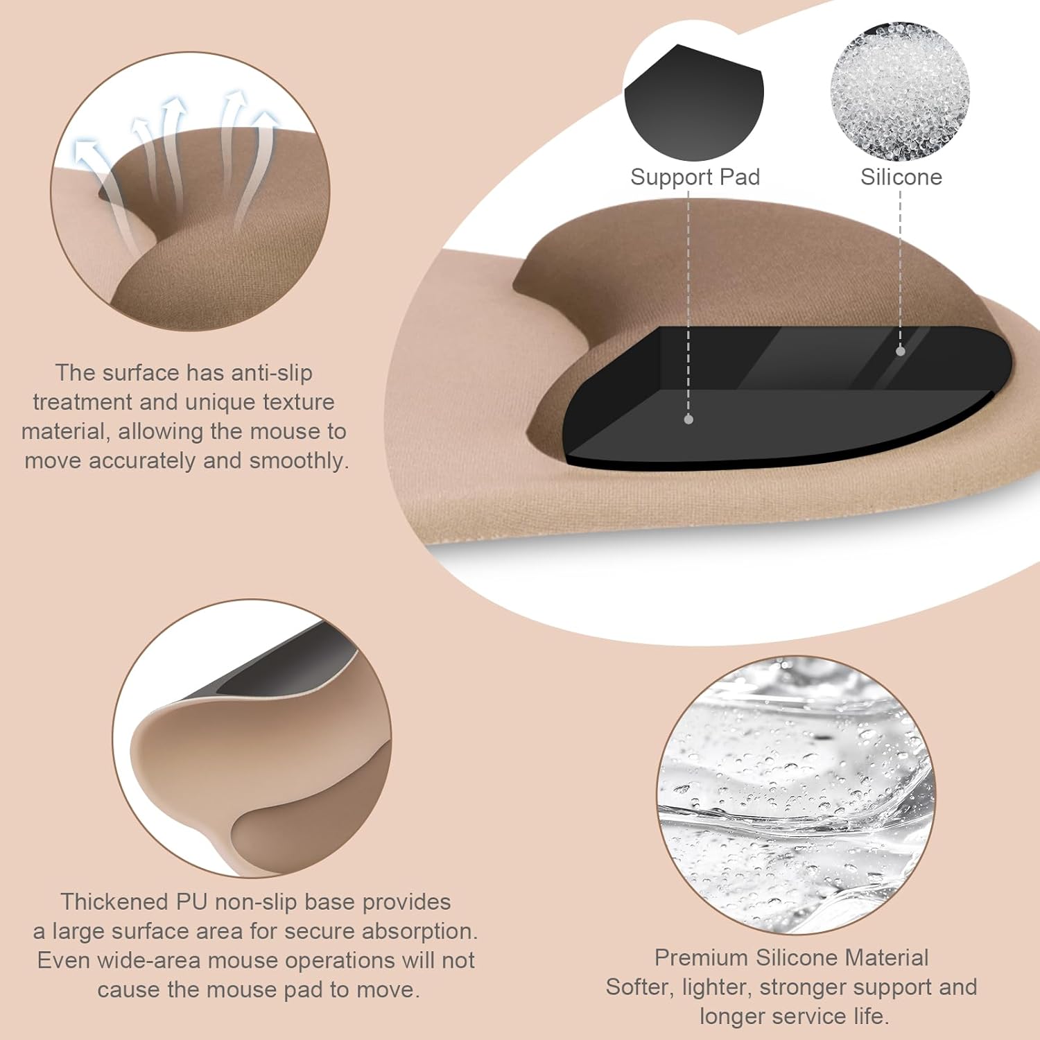 Support Pad Silicone

The surface has anti-slip treatment and unique texture material, allowing the mouse to move accurately and smoothly.

Thickened PU non-slip base provides a large surface area for secure absorption. Even wide-area mouse operations will not cause the mouse pad to move.

Premium Silicone Material
Softer, lighter, stronger support and longer service life.