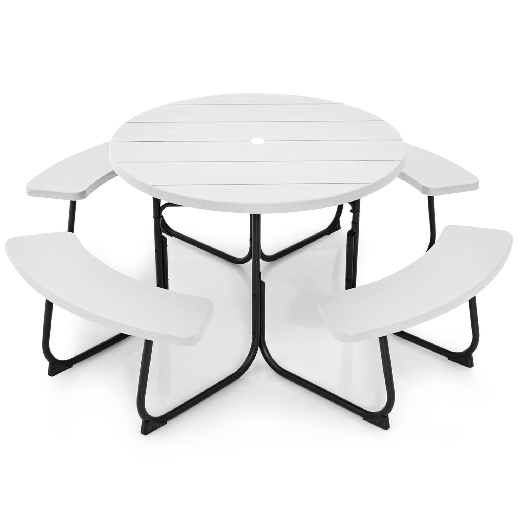Alt View 8. Costway - Costway Outdoor 8-person Round Picnic Table Bench Set with 4 Benches & Umbrella Hole - White.