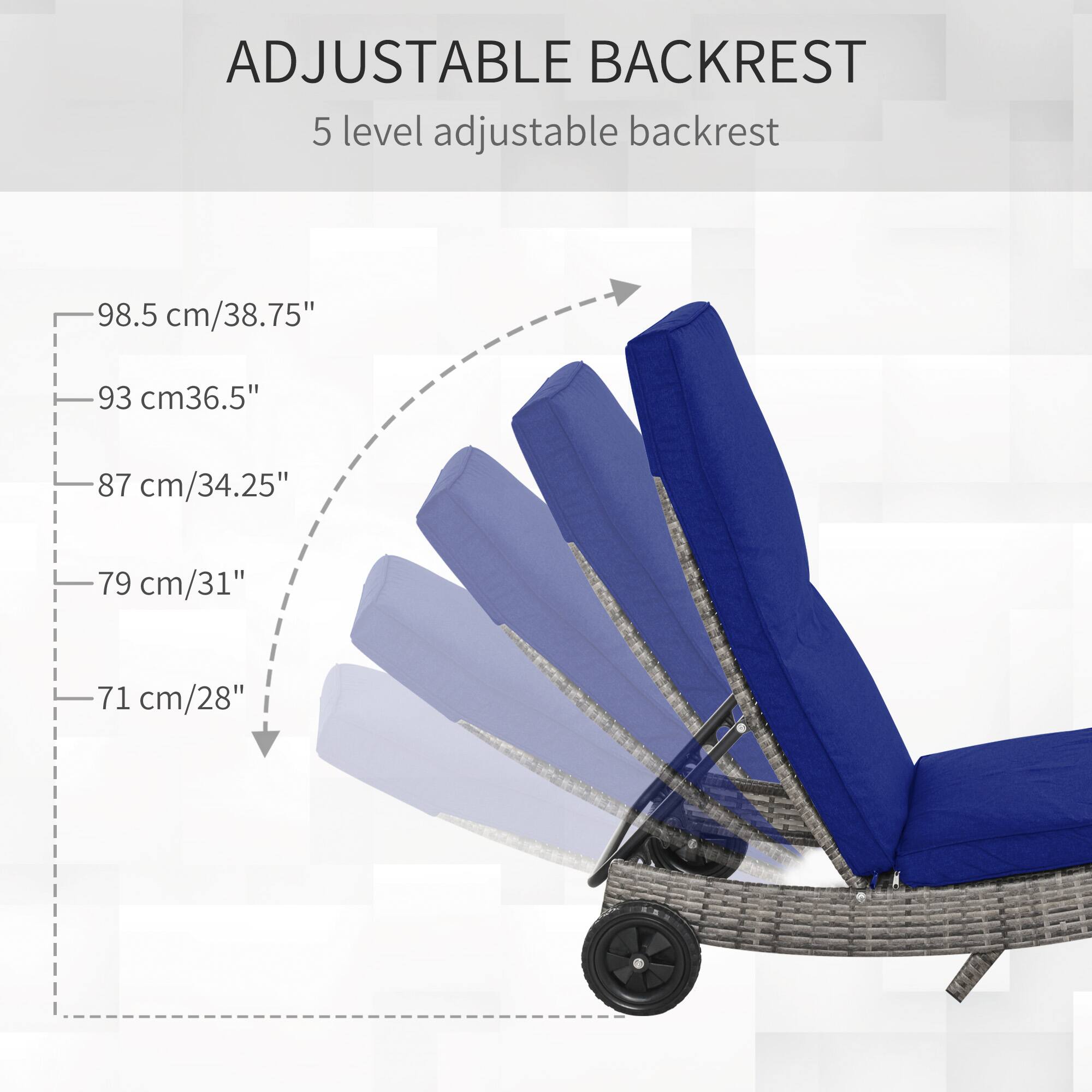 ADJUSTABLE BACKREST  
5 level adjustable backrest  

- 98.5 cm/38.75"  
- 93 cm/36.5"  
- 87 cm/34.25"  
- 79 cm/31"  
- 71 cm/28"