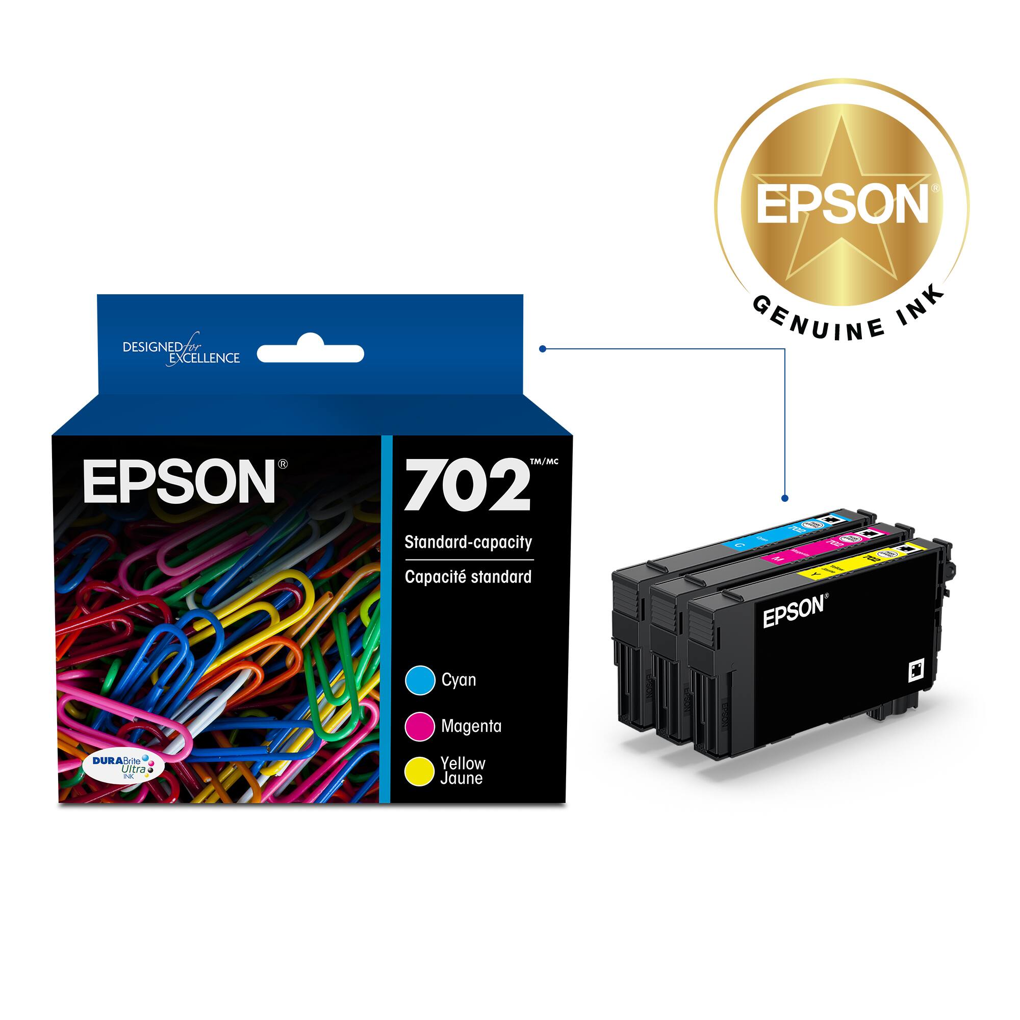 EPSON GENUINE INK 702 Standard-capacity Cartridges: Cyan, Magenta, Yellow.