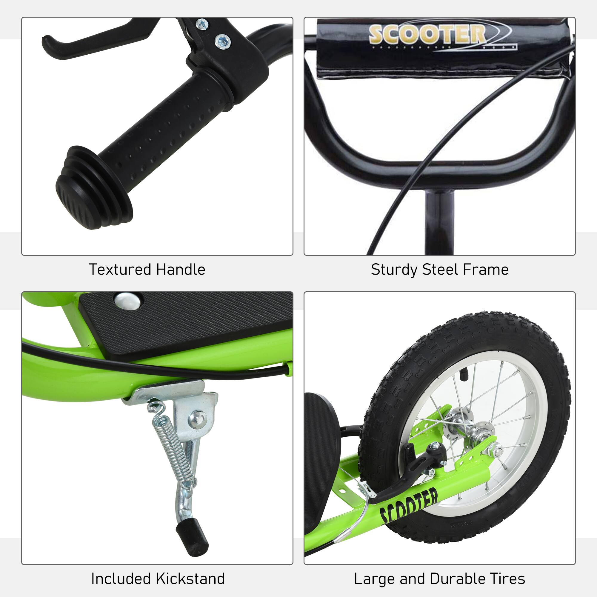- Textured Handle
- Sturdy Steel Frame
- Included Kickstand
- Large and Durable Tires
