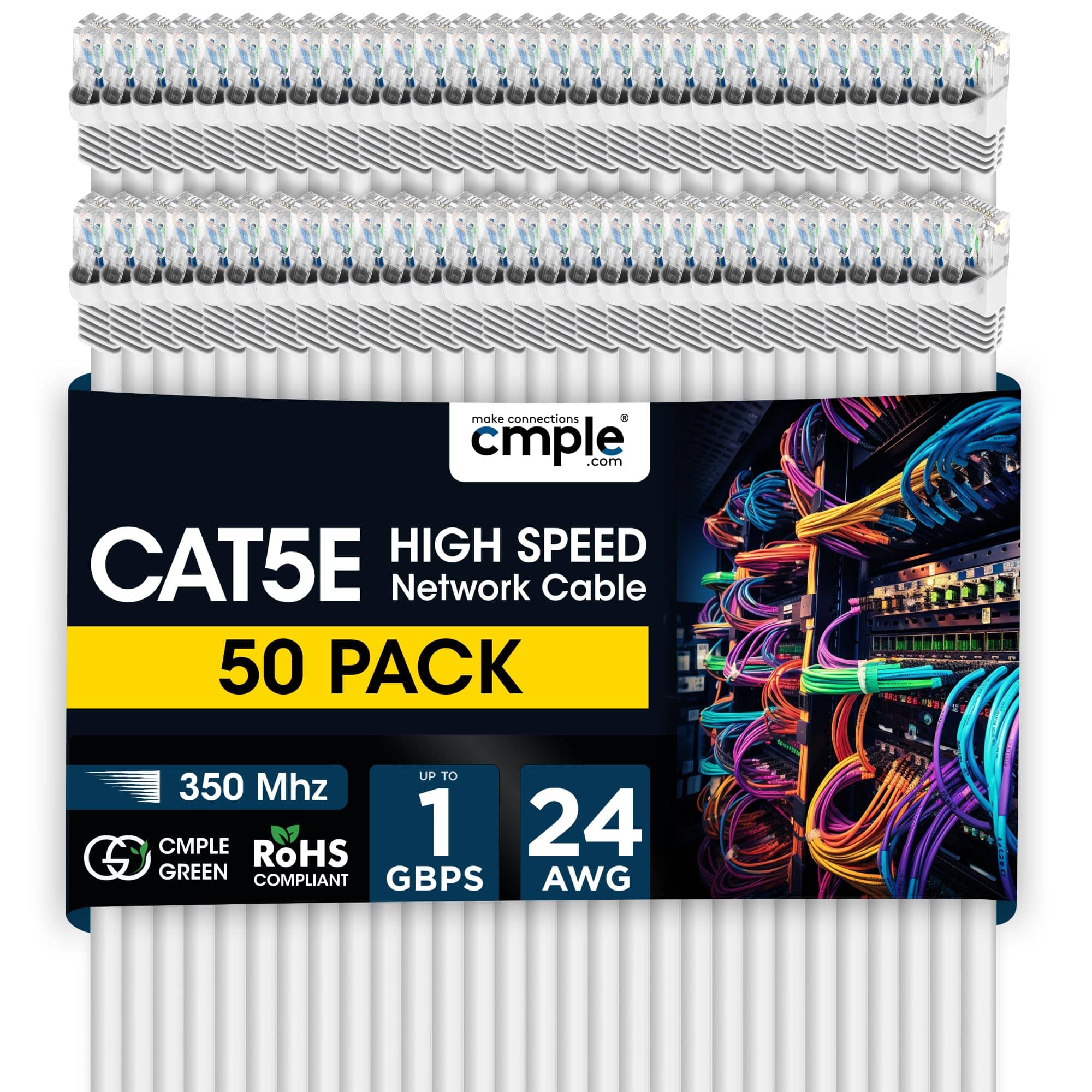Cmple.com - Cmple - 50 Pack Cat 5e Ethernet Cable 1.5 ft 1Gbps Cat5e Patch Cord, RJ45 Connectors 350MHz Internet Cables - White
