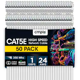 Cmple.com - Cmple - 50 Pack Cat 5e Ethernet Cable 1.5 ft 1Gbps Cat5e Patch Cord, RJ45 Connectors 350MHz Internet Cables - White
