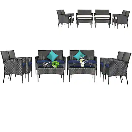 Front. Costway - Costway 8PCS Patio Wicker Furniture Set Coffee Table Cushions w/Cover - Multicolor.
