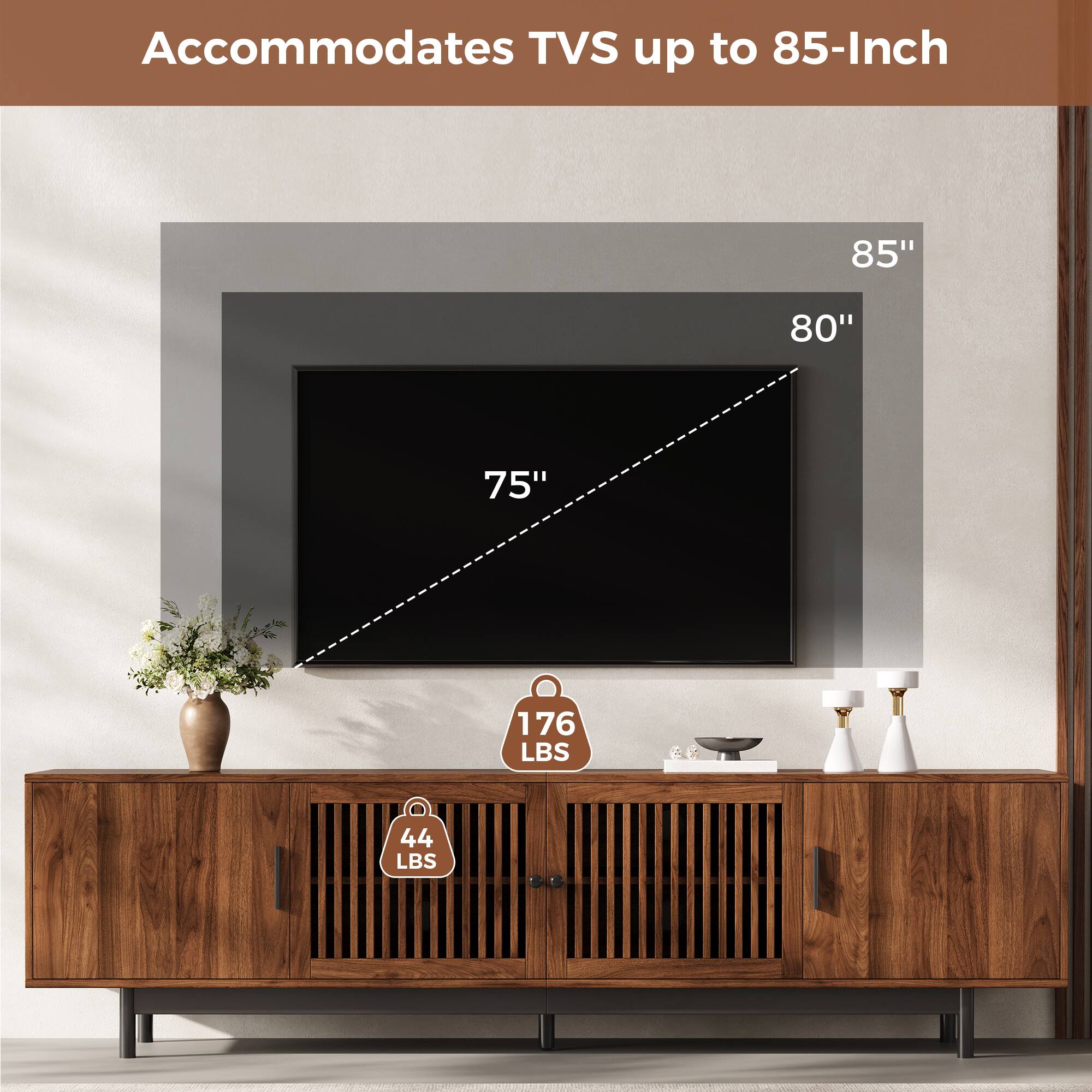 Accommodates TVs up to 85-Inch

85"
80"
75"
176 LBS
44 LBS