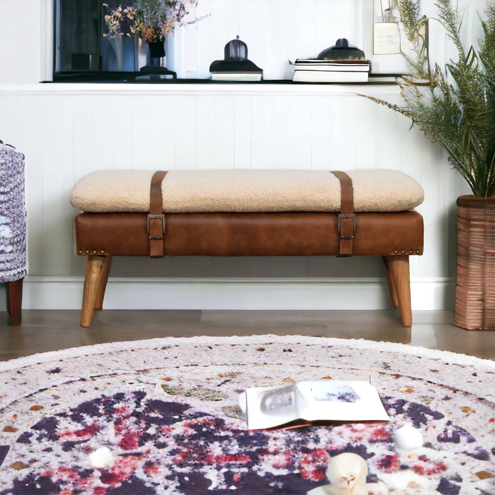 Alt View 8. Artisan Furniture - Artisan Furniture Solid Wood Boucle Buffalo Hide Leather Bench, Upholstered, Brown & Cream - Brown & Cream.