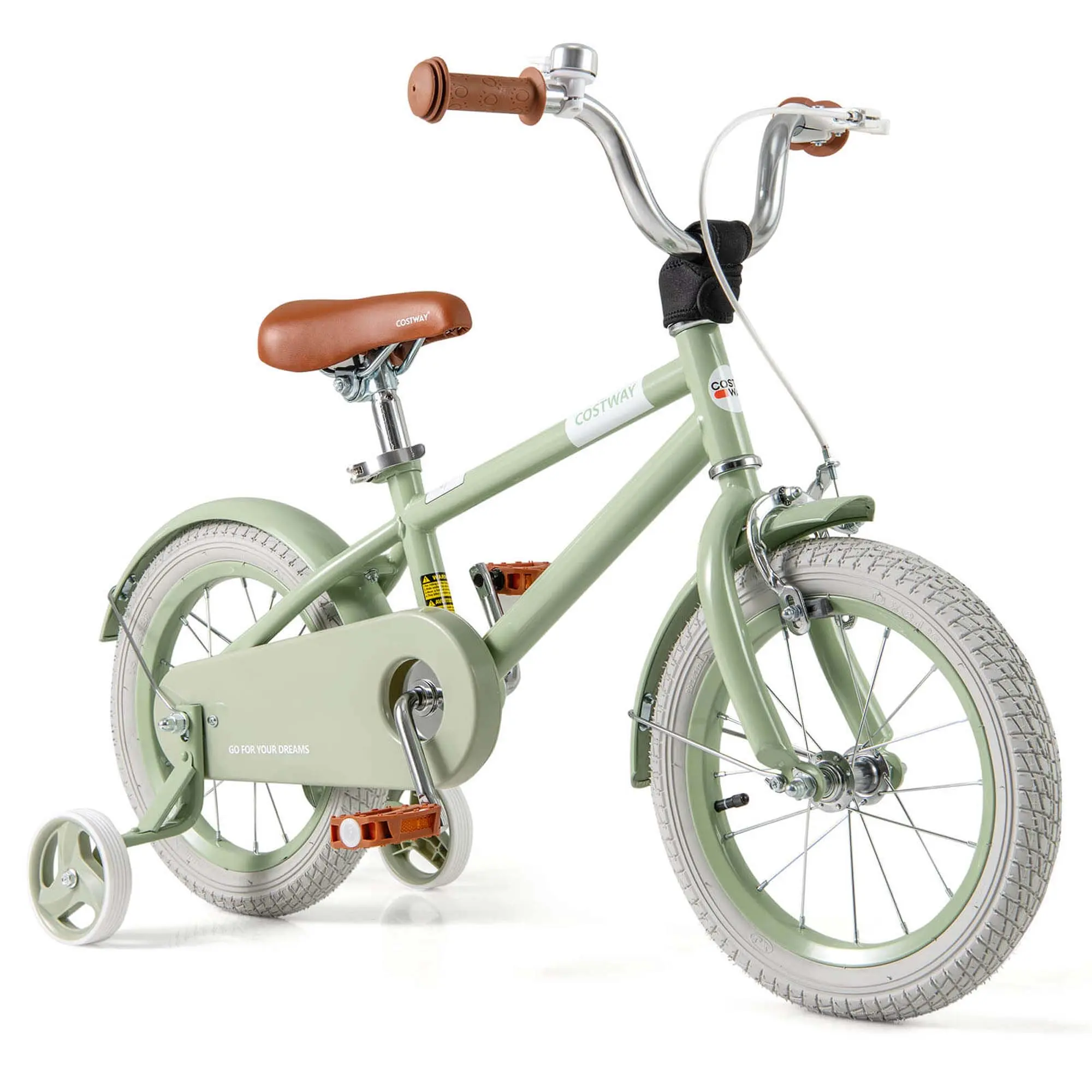 Costway - 14" Kids Bike with Adjustable Saddle Handlebar Removable Training Wheels Handbrake - Green