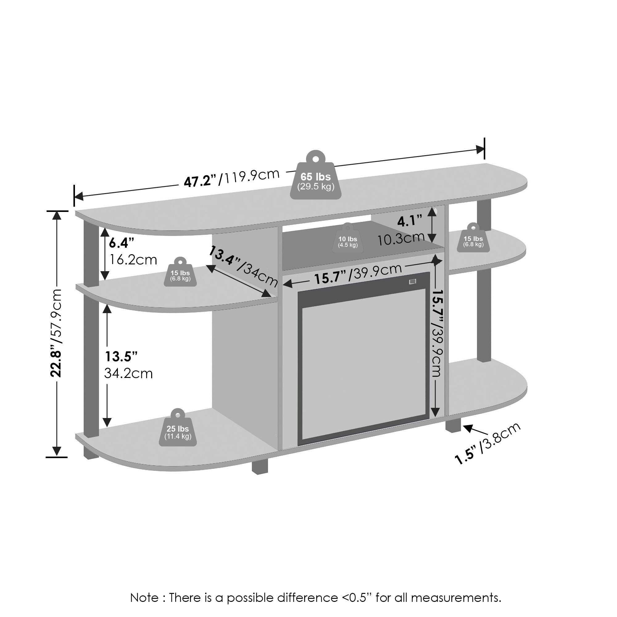 47.2"/119.9cm  
65 lbs (29.5 kg)  
22.8"/57.9cm  
6.4" / 16.2cm  
13.4" / 34cm (6.8 kg)  
13.5" / 34.2cm (25 lbs / 11.4 kg)  
4.1" / 10.3cm (10 lbs / 4.5 kg)  
15.7" / 39.9cm (15 lbs / 6.8 kg)  
1.5" / 3.8cm  

Note: There is a possible difference <0.5" for all measurements.