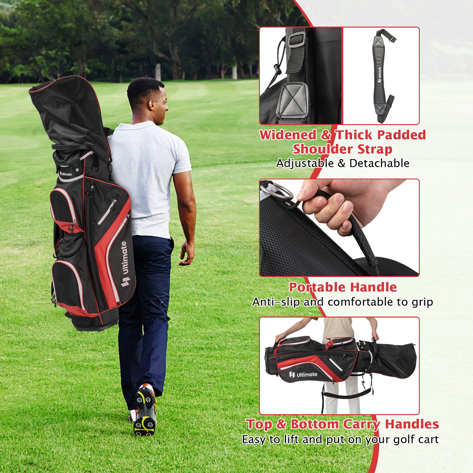 - Widened & Thick Padded Shoulder Strap Adjustable & Detachable
- Portable Handle Anti-slip and comfortable to grip
- Ultimate Top & Bottom Carry Handles Easy to lift and put on your golf cart