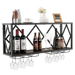 Gymax - Wall Mounted Wine Rack Industrial Storage Display Shelf Glass Holder Kitchen - Rustic Brown, Black