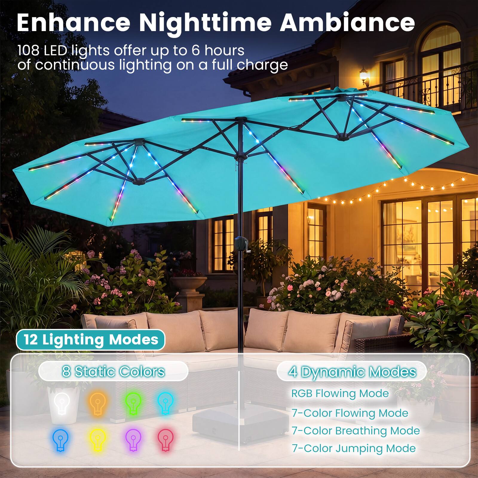 Enhance Nighttime Ambiance

108 LED lights offer up to 6 hours of continuous lighting on a full charge

12 Lighting Modes

8 Static Colors

4 Dynamic Modes

RGB Flowing Mode

7-Color Flowing Mode

7-Color Breathing Mode

7-Color Jumping Mode