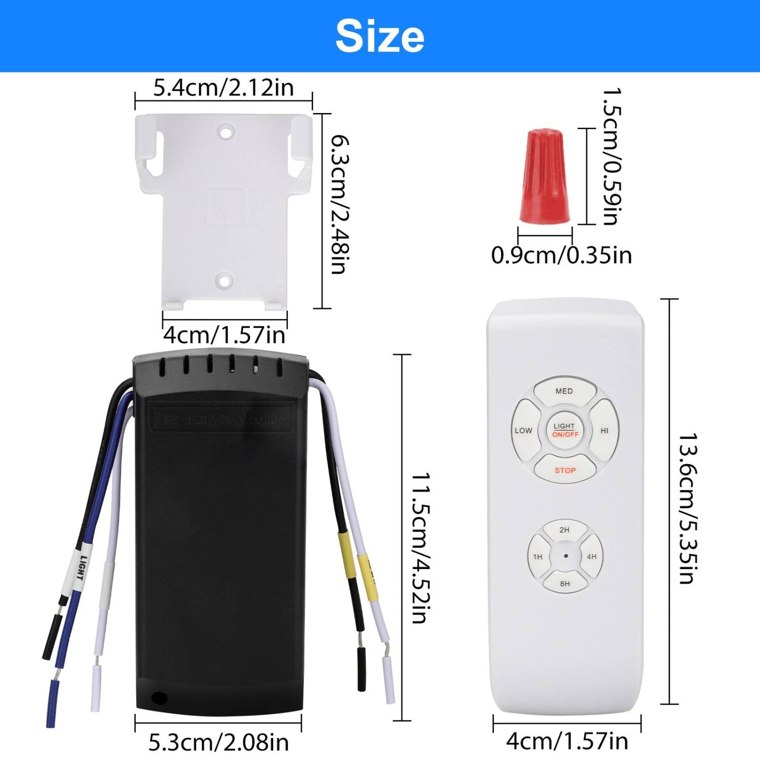 Sure, here is the corrected and grouped text:

**Size**

- 5.4cm/2.12in
- 6.3cm/2.48in
- 4cm/1.57in
- 1.5cm/0.59in
- 0.9cm/0.35in
- 11.5cm/4.52in
- 5.3cm/2.08in
- 13.6cm/5.35in
- 4cm/1.57in

**Control Panel**

- MED
- LIGHT
- LOW
- HI
- ON/OFF
- STOP
- 1H
- 2H
- 4H
- 8H