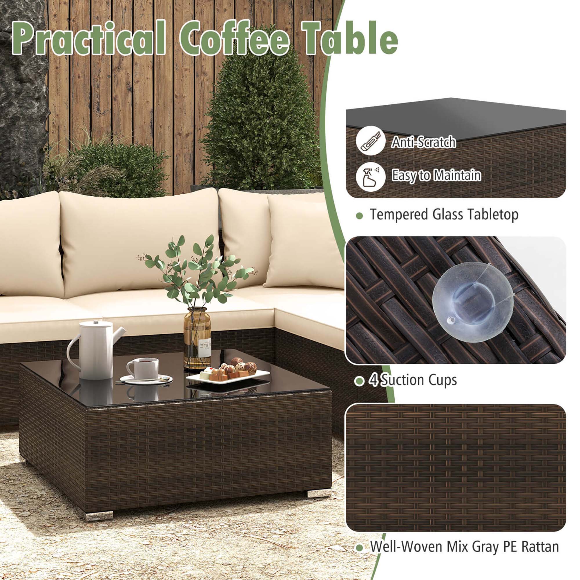 Practical Coffee Table Anti-Scratch Easy to Maintain Tempered Glass Tabletop 3TH 4 Suction Cups Well-Woven Mix Gray PE Rattan