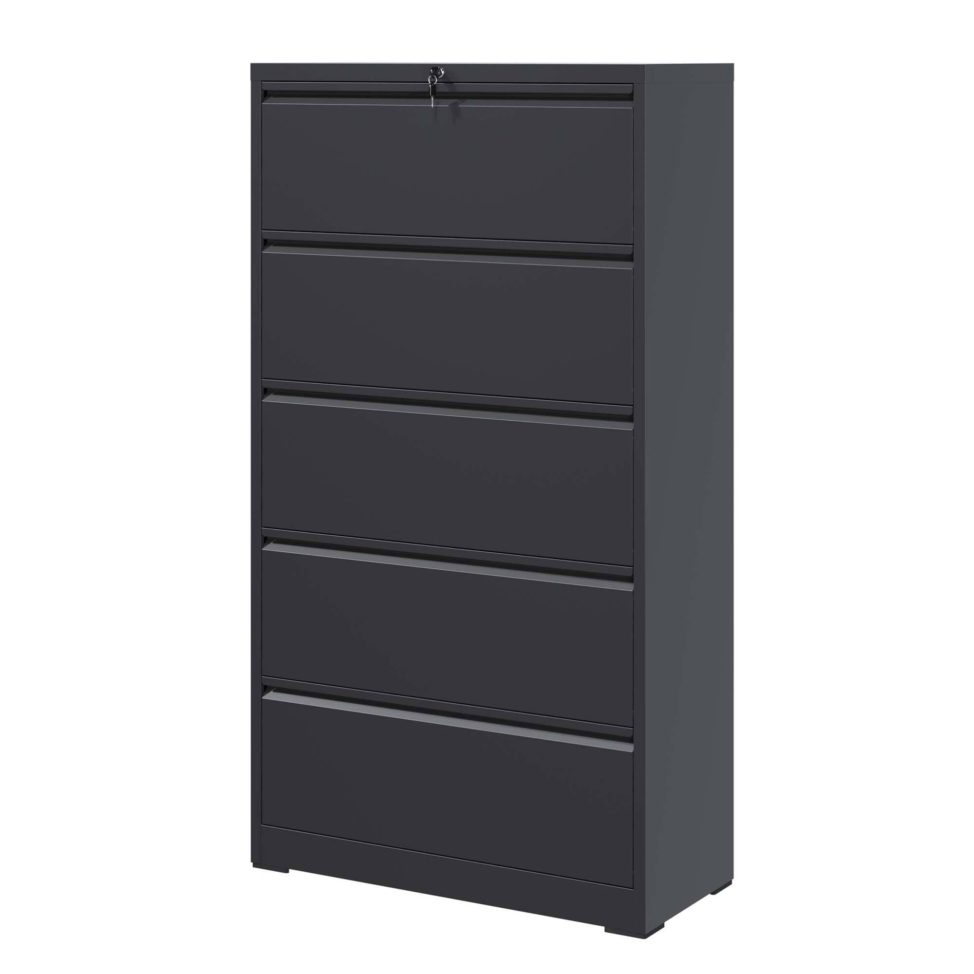 Angle. GOODSILO - Steel Lateral Filing Cabinet with Locking System for Legal/Letter Files - 5 Drawers - Black.