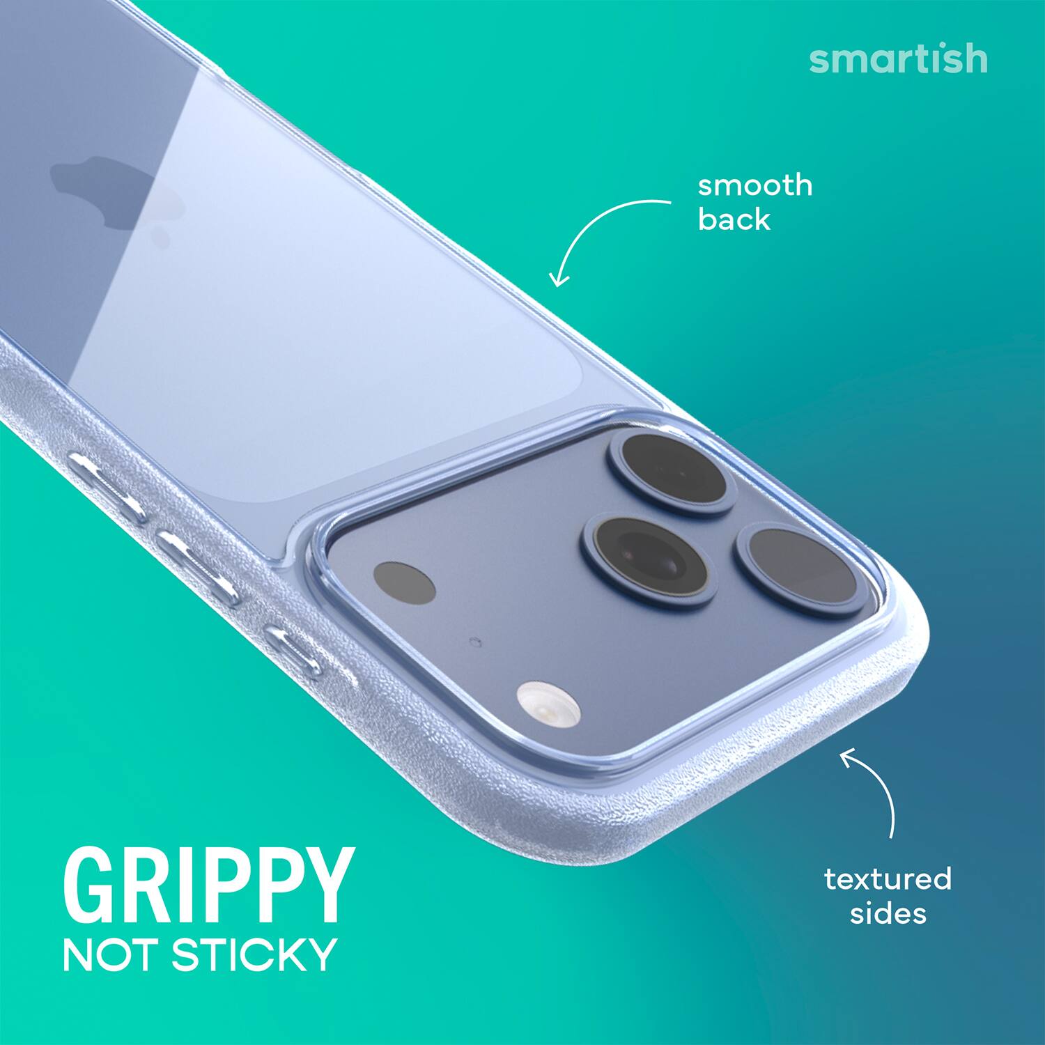 smartish  
smooth back  
GRIPPY NOT STICKY  
textured sides