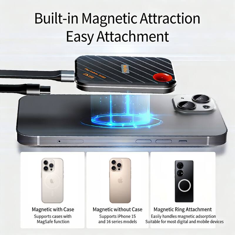 Built-in Magnetic Attraction Easy Attachment

- Magnetic with Case
  Supports cases with MagSafe function

- Magnetic without Case
  Supports iPhone 15 and 16 series models

- Magnetic Ring Attachment
  Easily handles magnetic adsorption
  Suitable for most digital and mobile devices