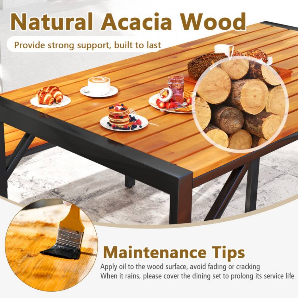 Natural Acacia Wood  
Provide strong support, built to last  

Maintenance Tips  
Apply oil to the wood surface, avoid fading or cracking  
When it rains, please cover the dining set to prolong its service life