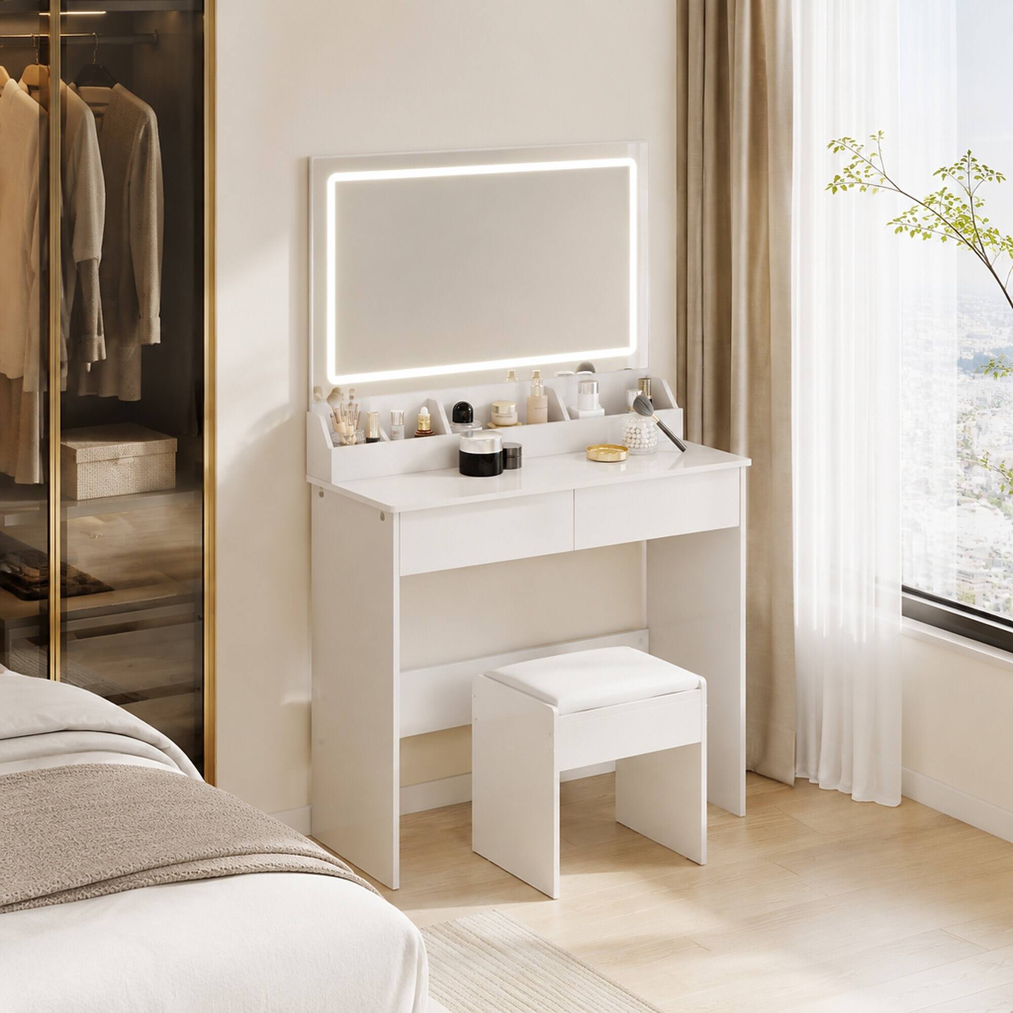 Angle. RYHNUYNE - 31 x 20 in Extra Large LED Mirror Vanity Table Set, Touch Switch, 3 Color Lights, Cushioned Stool, Compact Storage - White.