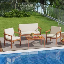 Costway - 4 PCS Acacia Wood Conversation Set with Seat & Back Cushions Loveseat Armchairs - Beige,Natural