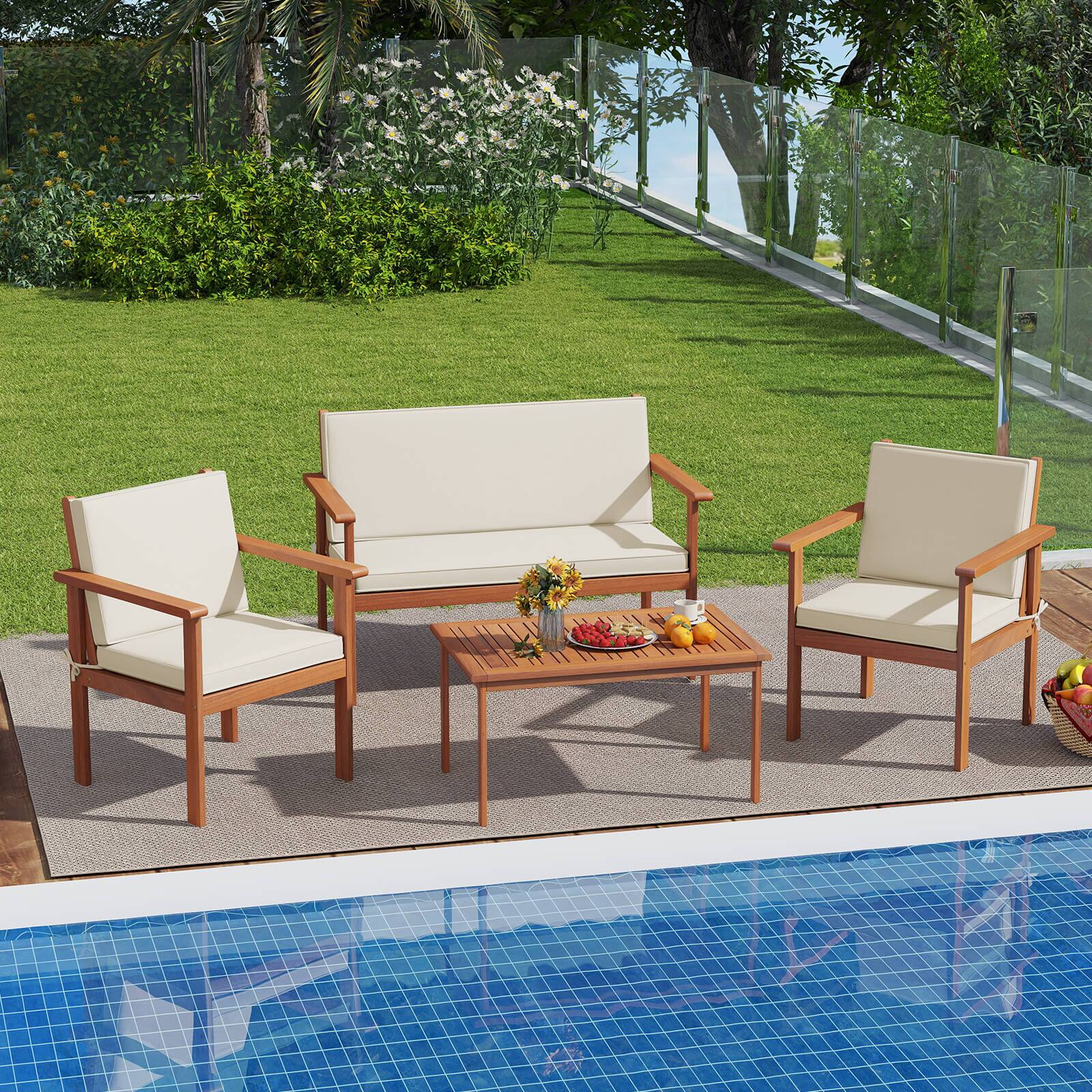 Alt View 4. Costway - Costway 8 PCS Acacia Wood Conversation Set with Seat & Back Cushions Loveseat Armchairs - Beige,Natural.