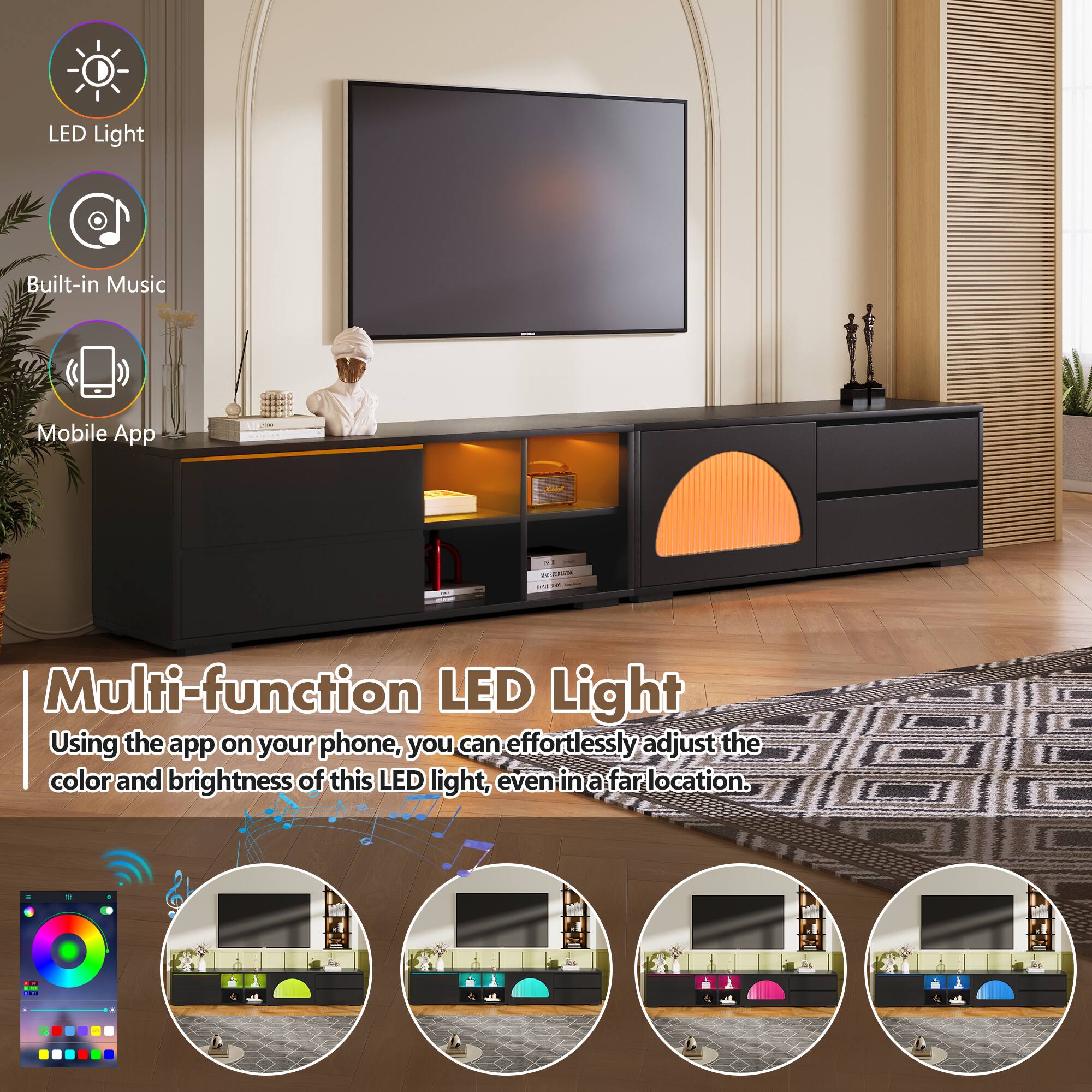 LED Light  
Built-in Music  
Mobile App  

Multi-function LED Light  

Using the app on your phone, you can effortlessly adjust the color and brightness of this LED light, even in a far location.