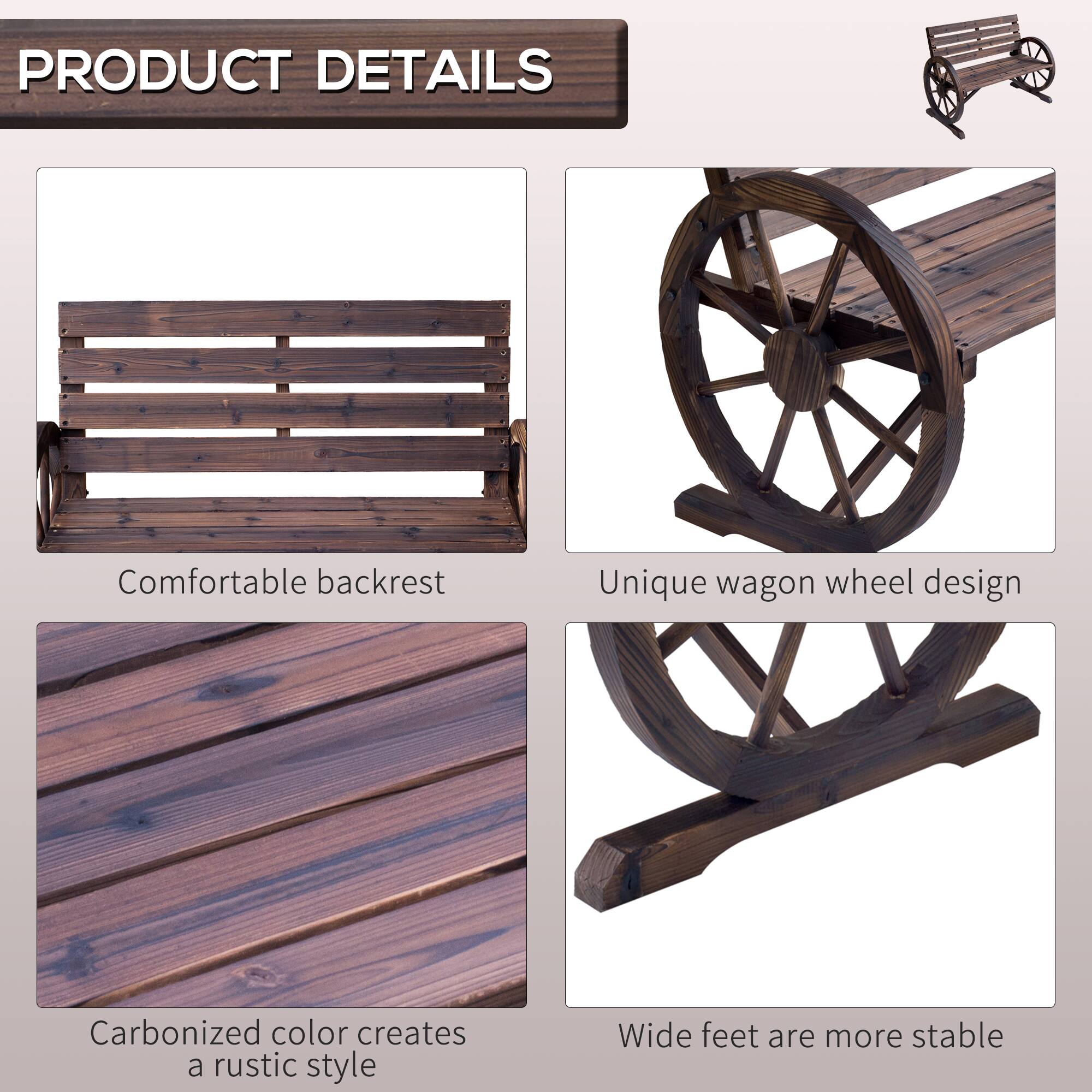 PRODUCT DETAILS

Comfortable backrest
Unique wagon wheel design
Carbonized color creates a rustic style
Wide feet are more stable