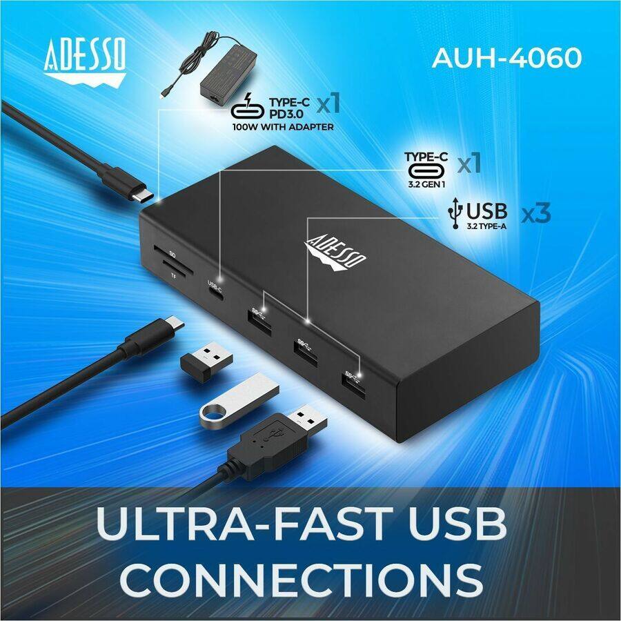 ADESSO AUH-4060

- TYPE-C x1 PD3.0 100W WITH ADAPTER
- TYPE-C x1 3.2 GEN1
- USB 3.2 TYPE-A x3

ULTRA-FAST USB CONNECTIONS