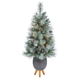 BreeBe - 3.5' Brit Columbia Pine Xmas Tree w/50 Light in Gray Planter - Green