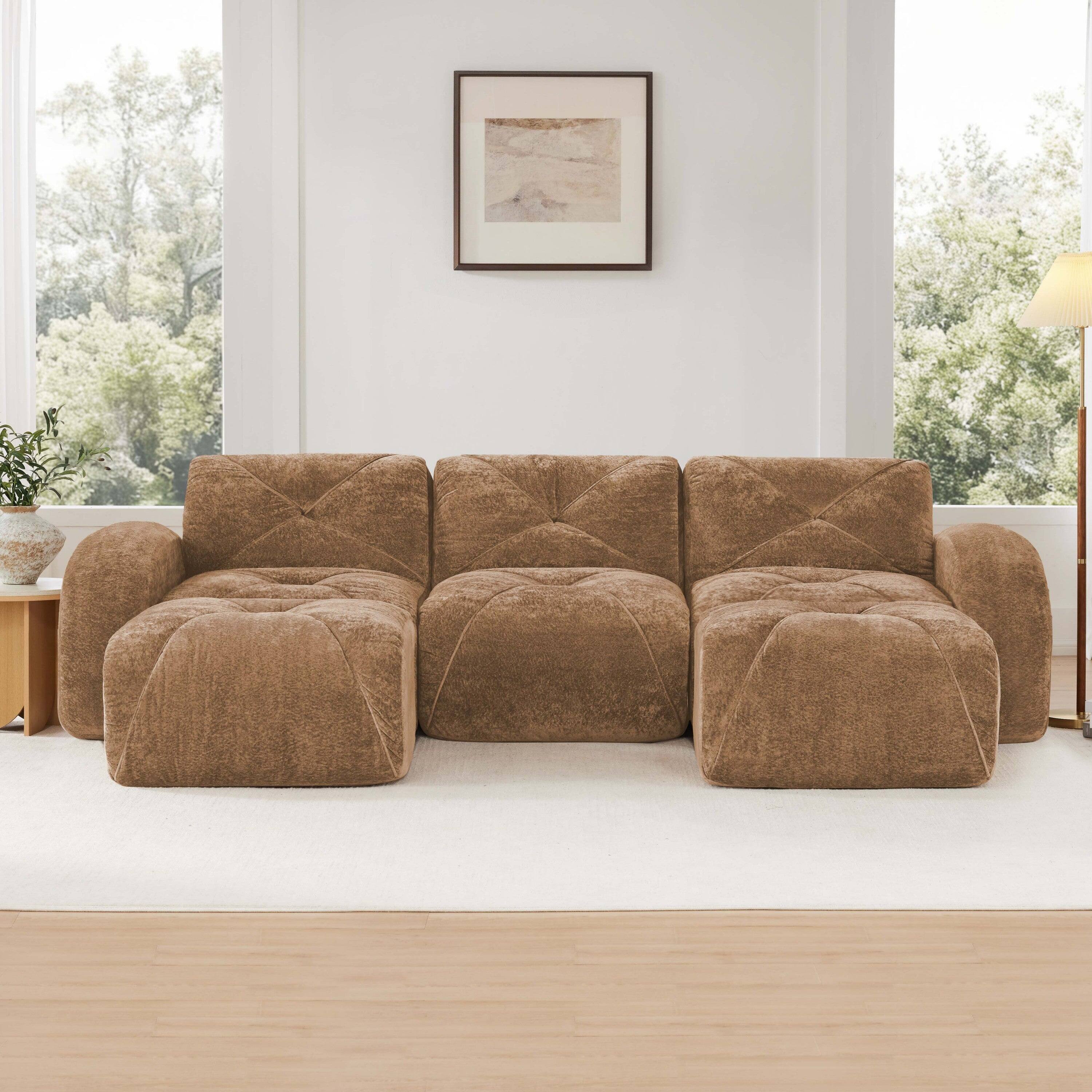 Alt View 1. Boyel Living - U Shaped Velvet Tufted Sofa Movable Ottomans 32D High Density Sponge Anti Slip Free Combo Study Theater Camel - Camel.