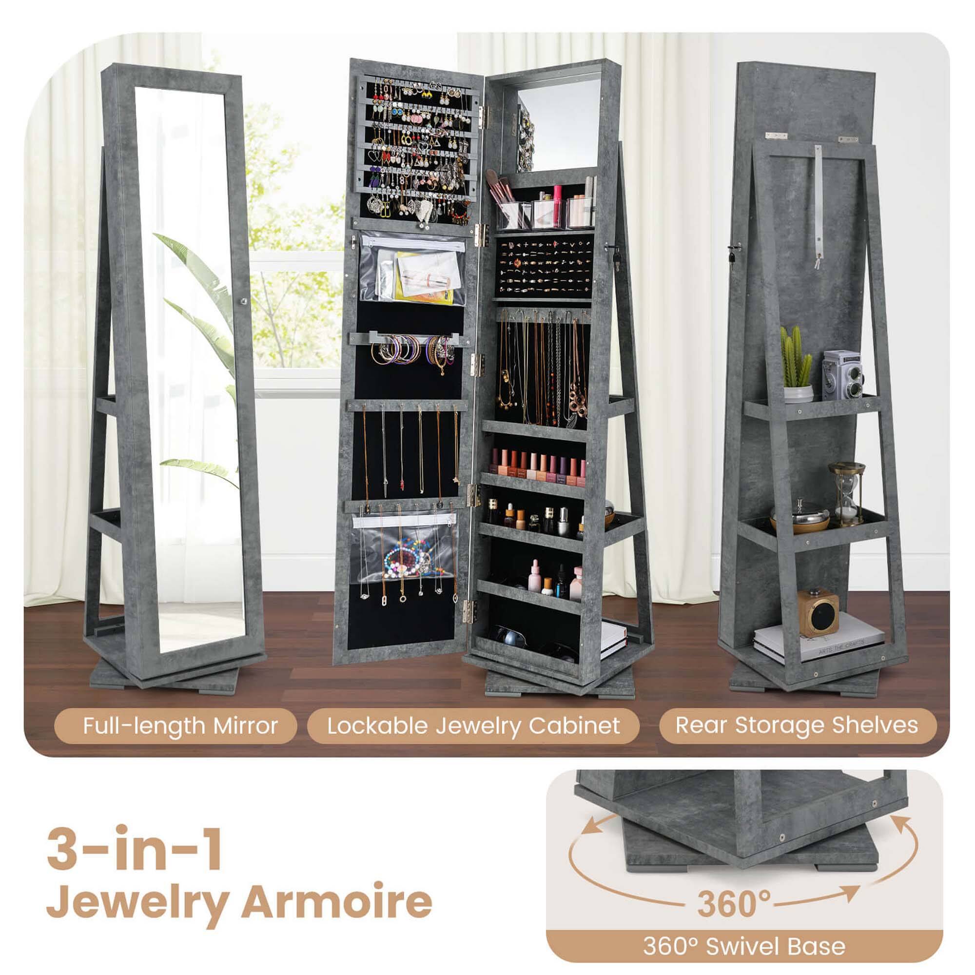 Full-length Mirror  
Lockable Jewelry Cabinet  
Rear Storage Shelves  

3-in-1 Jewelry Armoire  

360° Swivel Base
