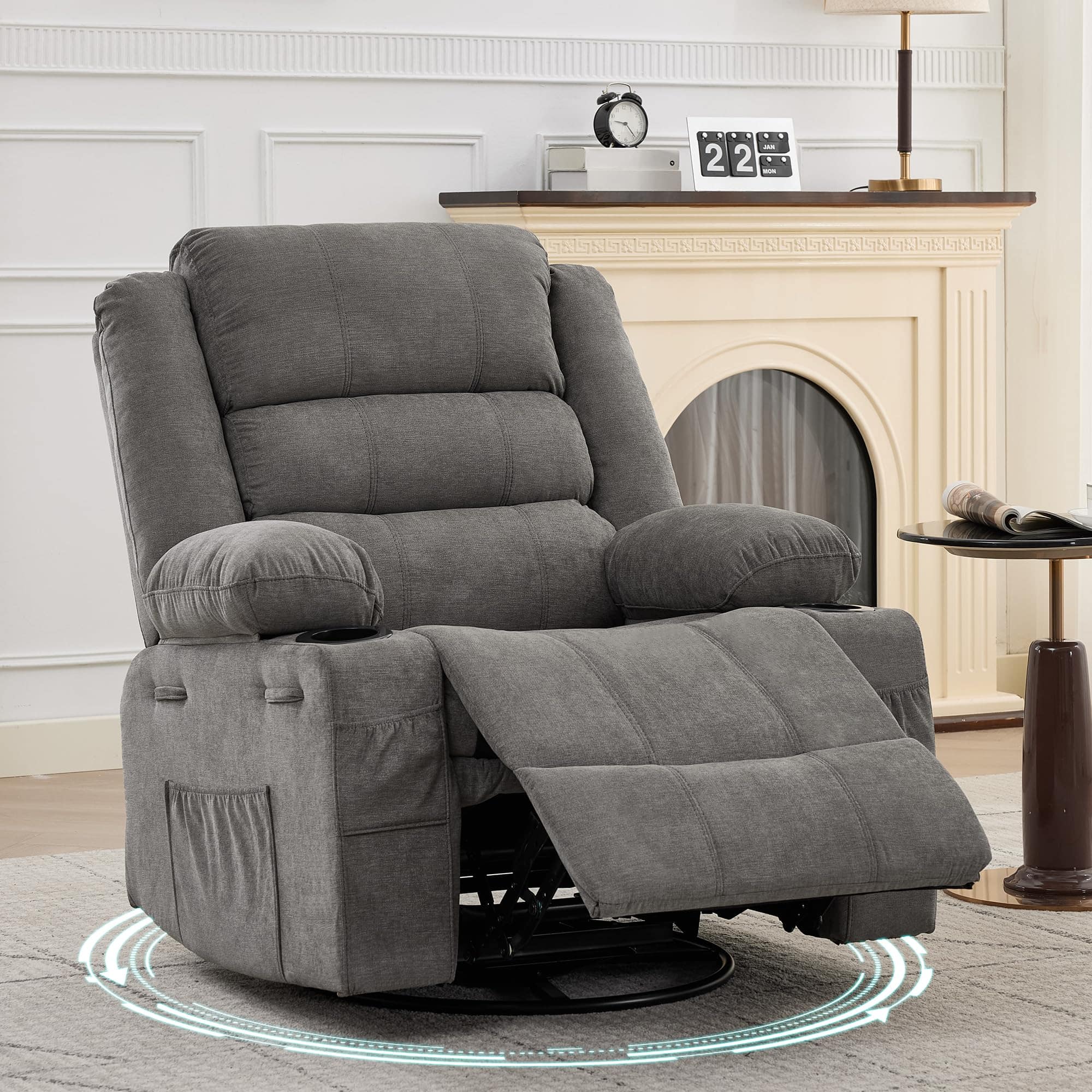 Babevy - Oversized Swivel Recliner Chair with 360° Rotation, Manual Reclining, Cup Holders & Side Storage for Living Room - Gray Linen