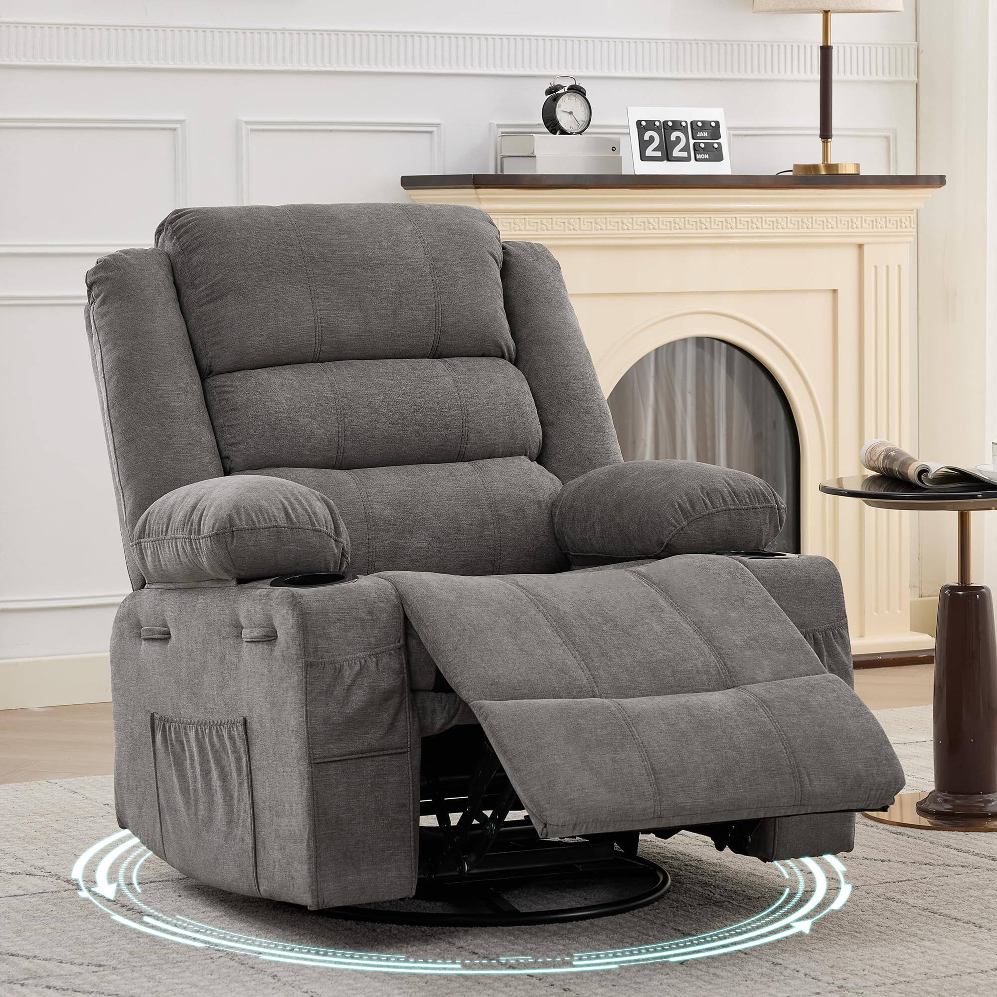 Front. Babevy - Oversized Swivel Recliner Chair with 360° Rotation, Manual Reclining, Cup Holders & Side Storage for Living Room - Gray Linen.