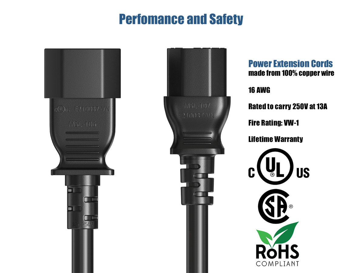 Performance and Safety

cOUS E210037-VN MSL-106 100 250F

Power Extension Cords made from 100% copper wire 16 AWG MSL-107 Rated to carry 250V at 13A. E210037-VN Fire Rating: VW-1 Lifetime Warranty  UL US SP

ROHS COMPLIANT