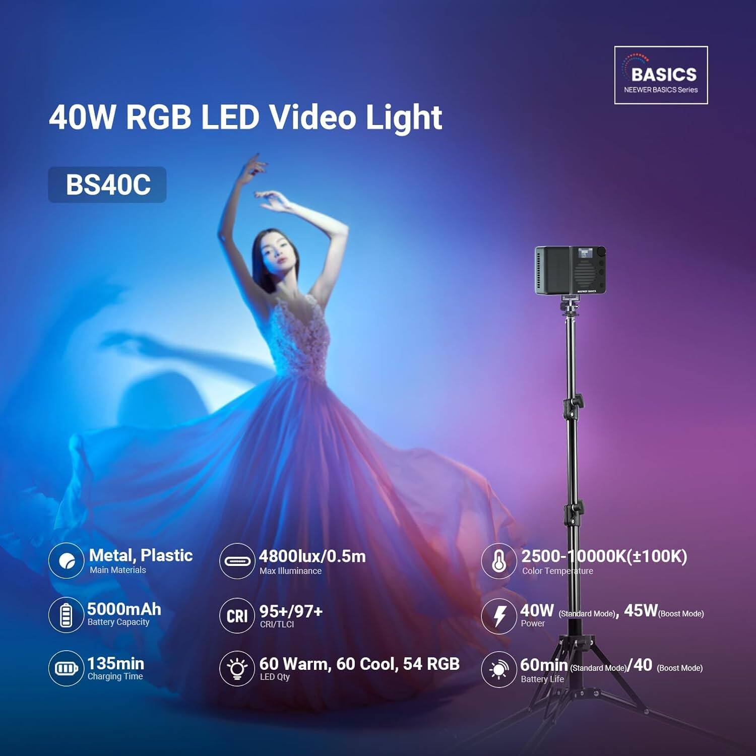 40W RGB LED Video Light  
BASICS NEENER ASICS Series BS40C  

- Metal, Plastic (Main Materials)  
- 4800lux/0.5m (Max Illuminance)  
- 2500-10000K (±100K) (Color Temperature)  
- 5000mAh (Battery Capacity)  
- CRI 95+/97+ (CRITLCI)  
- 40W (Standard Mode), 45W (Boost Mode) (Power)  
- 135min (Charging Time)  
- 60 Warm, 60 Cool, 54 RGB (LED Qty)  
- 60min (Standard Mode) / 40 (Boost Mode) (Battery Life)