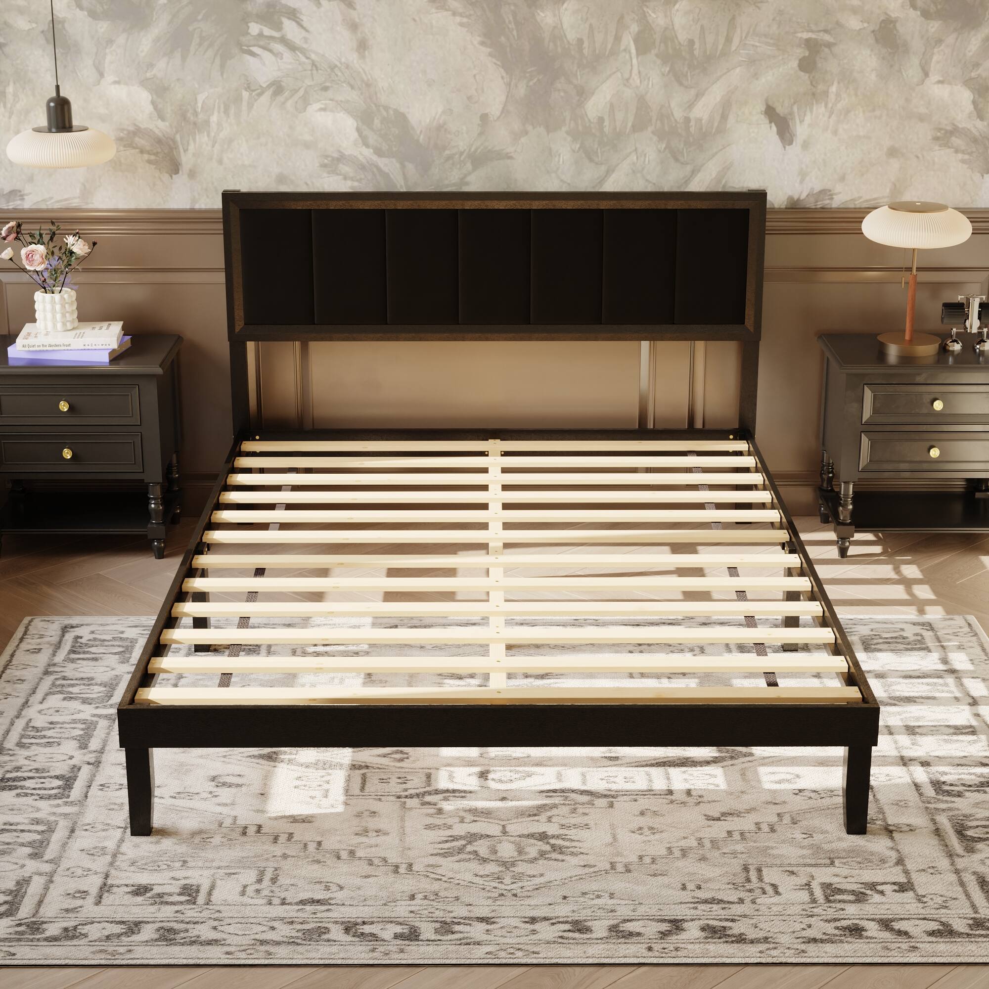 Alt View 9. Famapy - Famapy Solid Wood Bed Frame - Upholstered Headboard, Rubber Wood, Enhanced Stability - Black.
