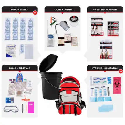 FOOD + WATER
LIGHT + COMMS.
SHELTER + WARMTH x4
TOOLS + FIRST AID
HYGIENE + SANITATION x4
EMERGENCY
EMERGENCY
EMERGENCY
EMERGENCY
BODY WARMER
BODY WARMER
SURVIVAL CANOLE
EMERGENCY
EMERGENCY
EMERGENCY
BICHAZARD
DORSAANS