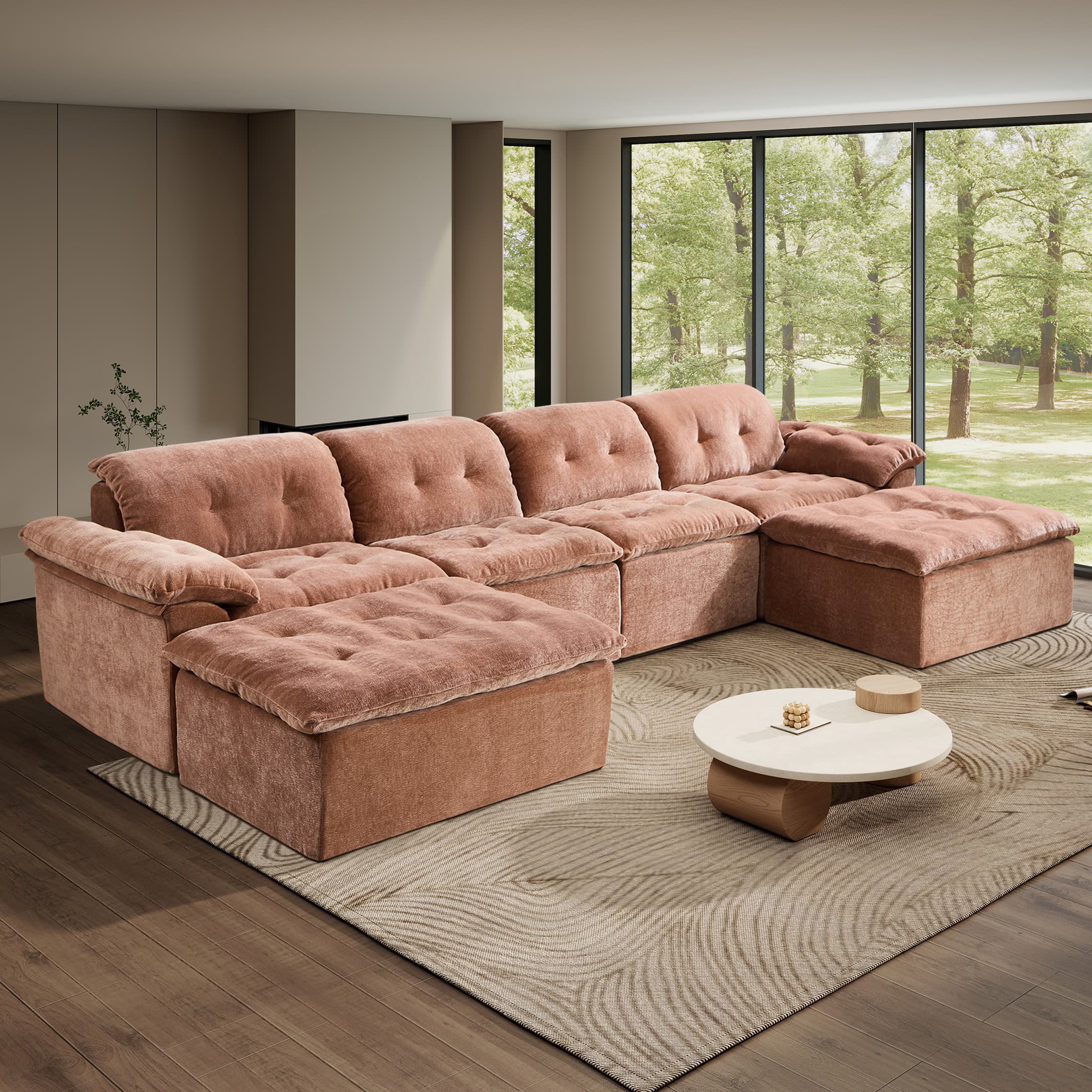 Anysun - 4-Seater Chenille Upholstery Modular Convertible Design Generous Seating Cushioned Sofa with 2 Versatile Ottomans - Orange