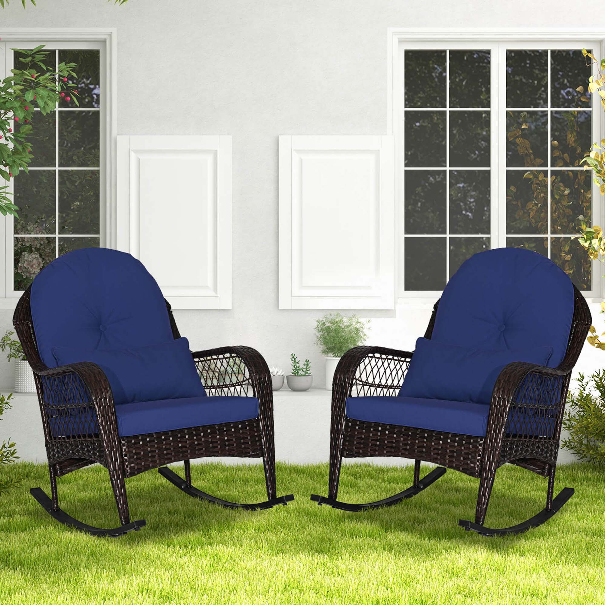 Back. Costway - Patio Wicker Rocking Chair with Seat Back Cushions & Lumbar Pillow Porch - Mix Brown + Navy.