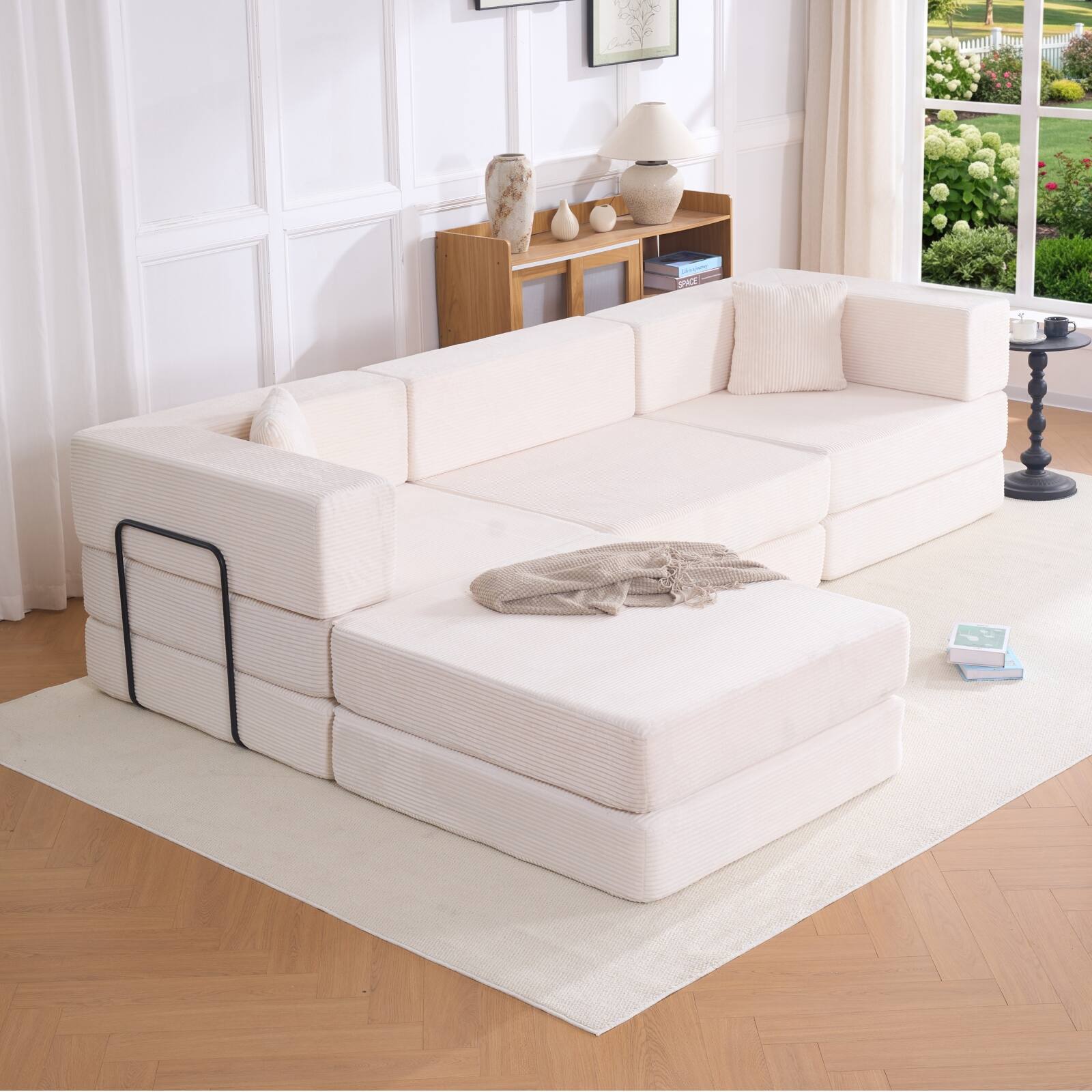 Angle. Anysun - 118" Corduroy Convertible Modular Sectional Sofa with Fixed-Shape Frame & Pillows, No Assembly Required - Beige.
