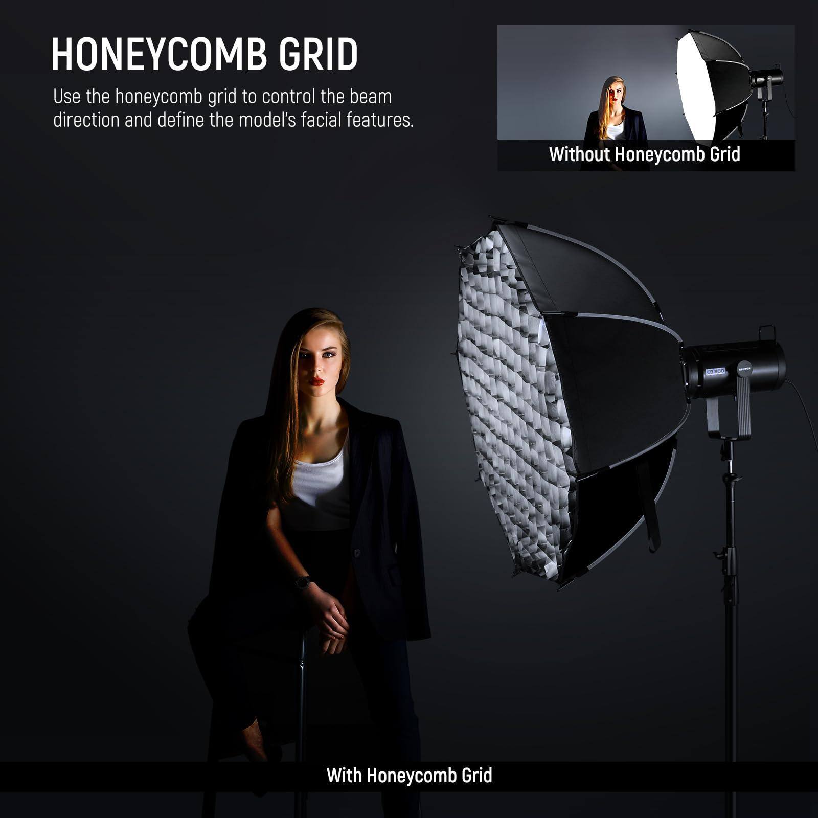 HONEYCOMB GRID

Use the honeycomb grid to control the beam direction and define the model's facial features.

Without Honeycomb Grid

With Honeycomb Grid