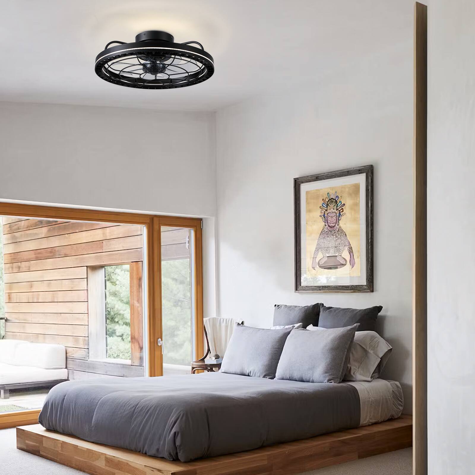 Alt View 6. Siljoy - 18.9-inch Black Iron Cage Flush Mount LED Ceiling Fan, 6-Speed Reversible Fan with Remote  APP for Bedroom Living Room - Black.