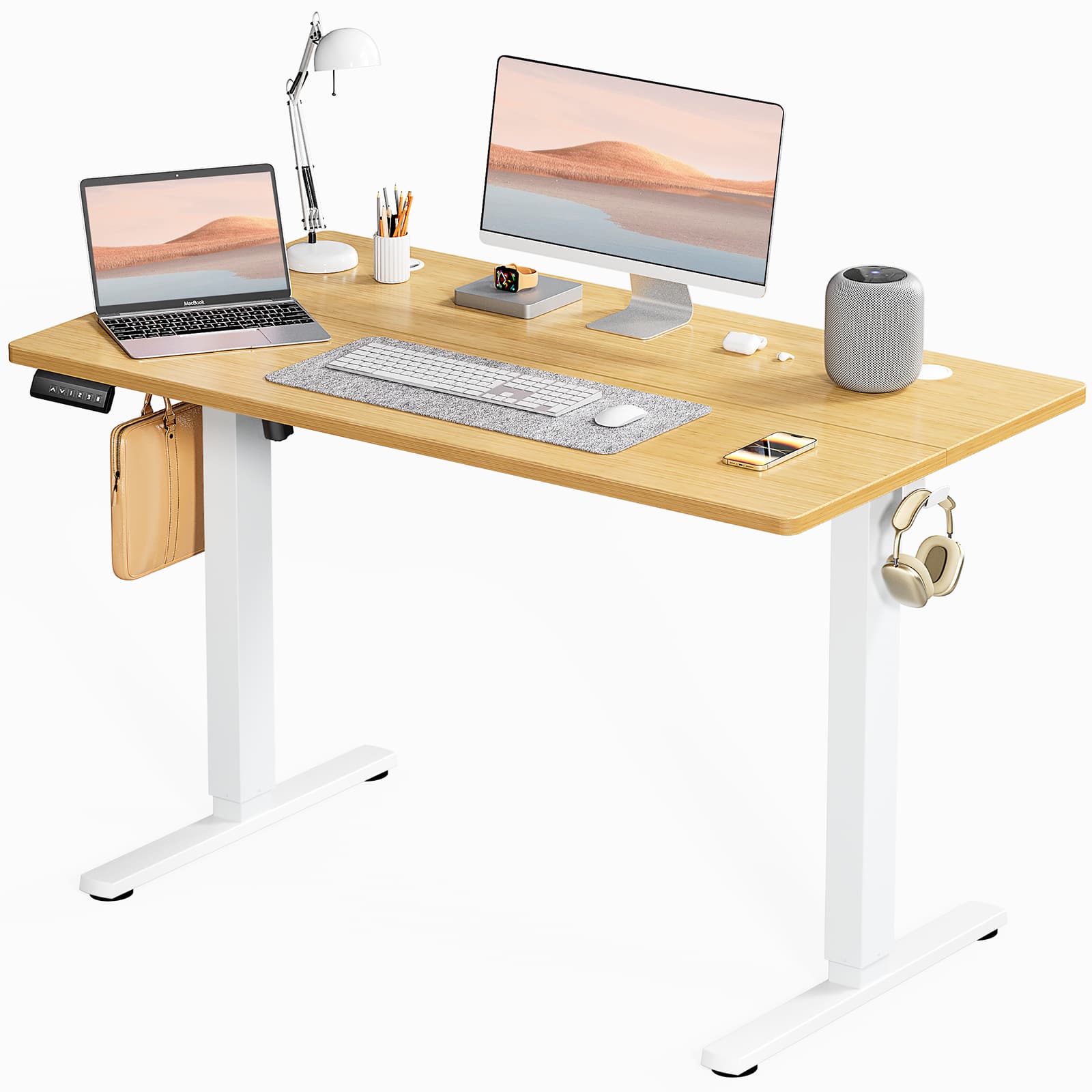 Bestier - 47in White Electric Standing Desk Height Computer Home Office Desk with Hooks and Wire Holes - Yellow
