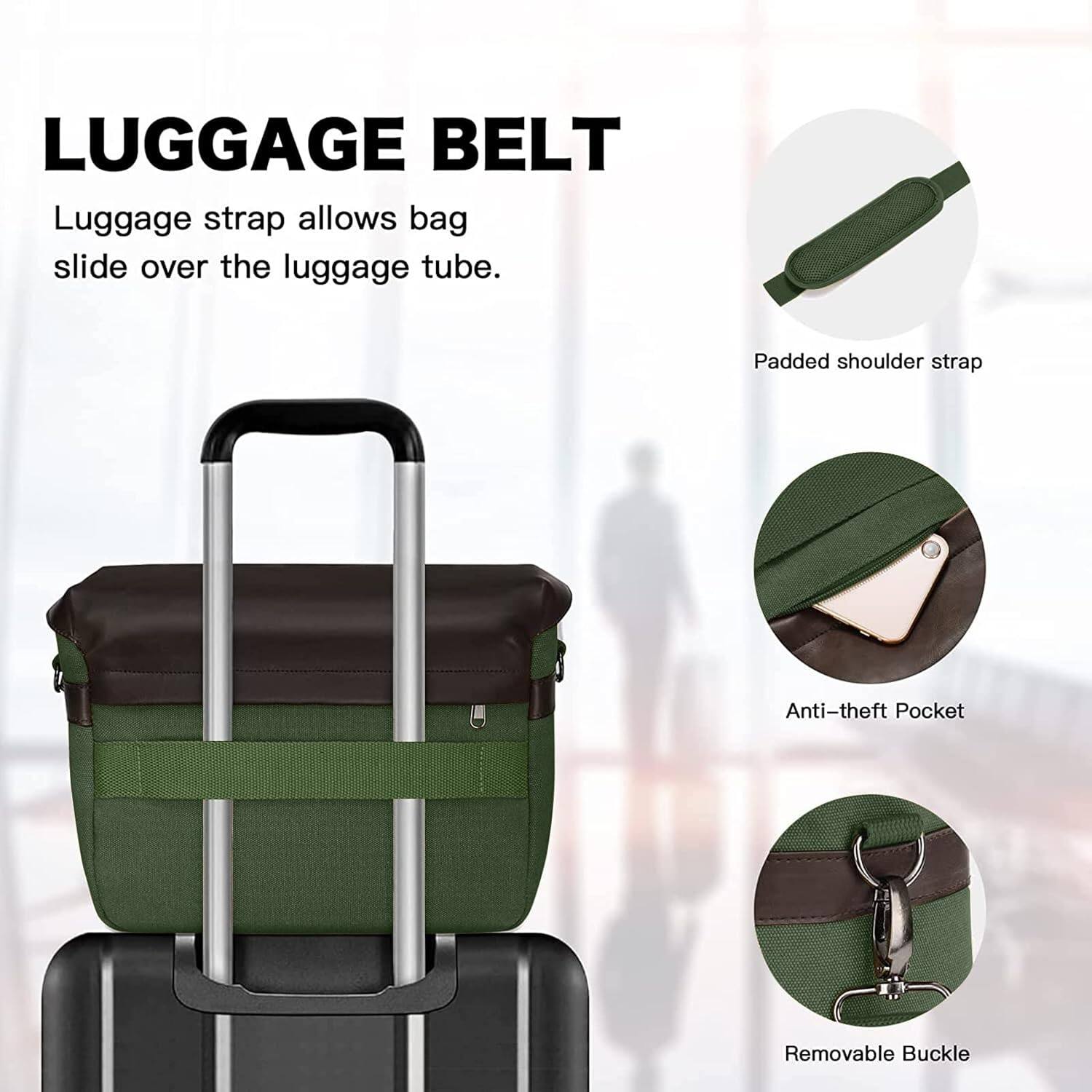 LUGGAGE BELT

Luggage strap allows bag slide over the luggage tube.

Padded shoulder strap
Anti-theft Pocket
Removable Buckle