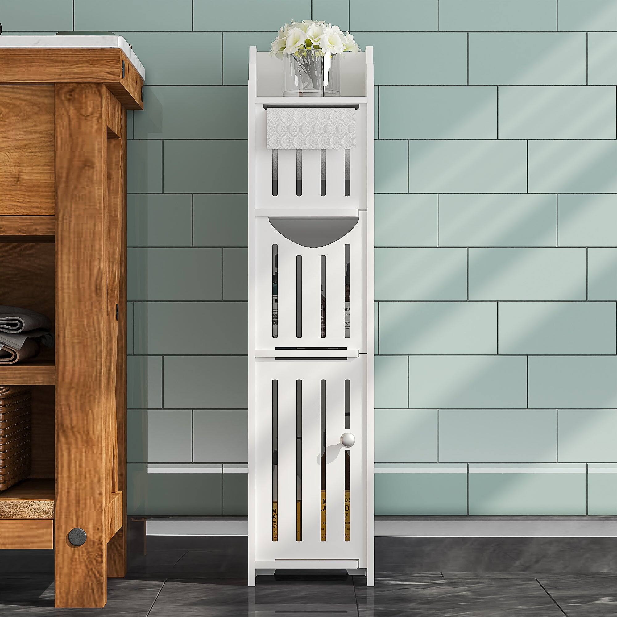 Alt View 2. Vecelo - Narrow Bathroom Storage Cabinet with Toilet Paper Organizer-Space-Saving, Perfect for Small Bathrooms & Next to Toilets - White.