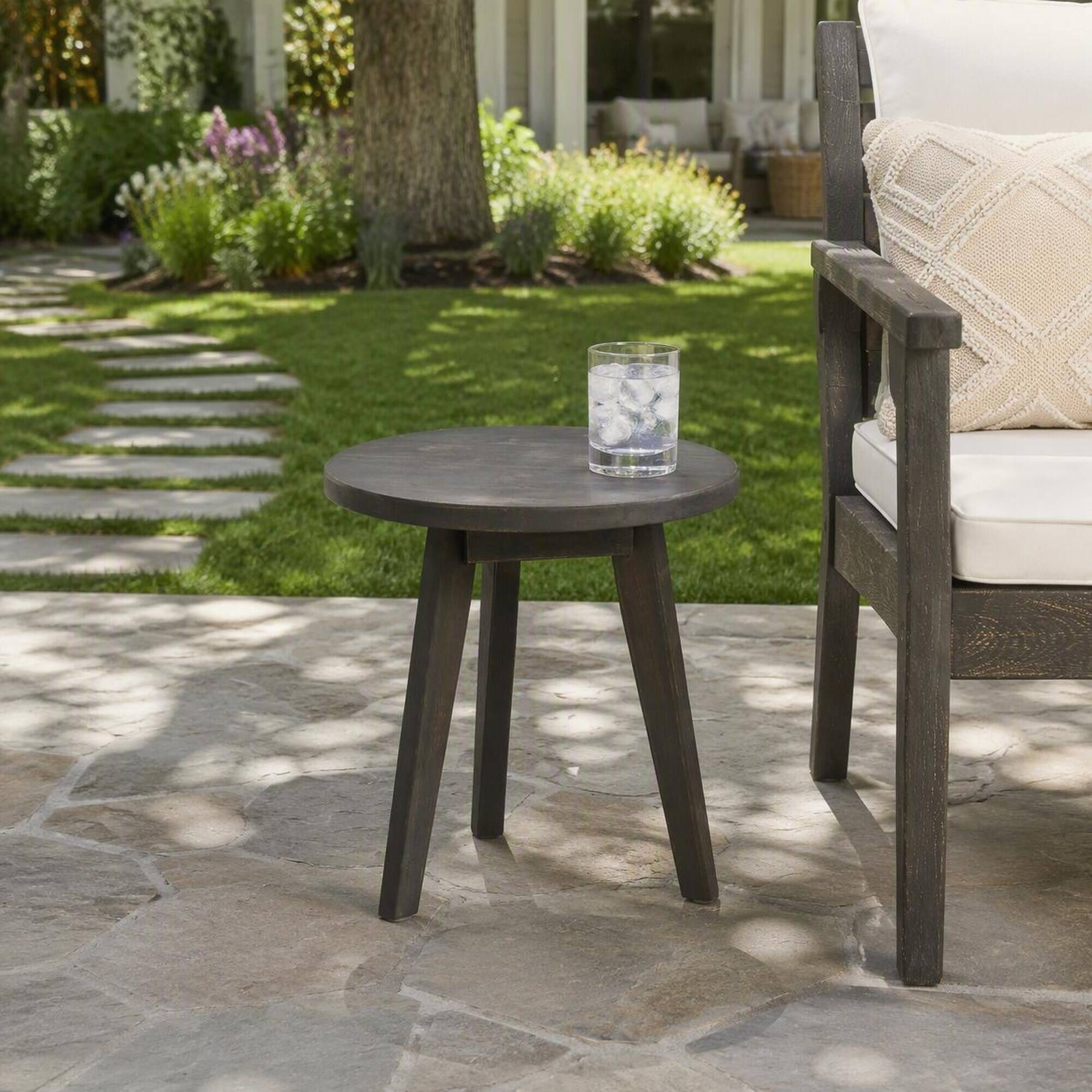 Angle. RYHNUYNE - Rustic Dark Grey Round Outdoor End Table,3-Leg Wood Side Table for Patio Garden Balcony - Gray.